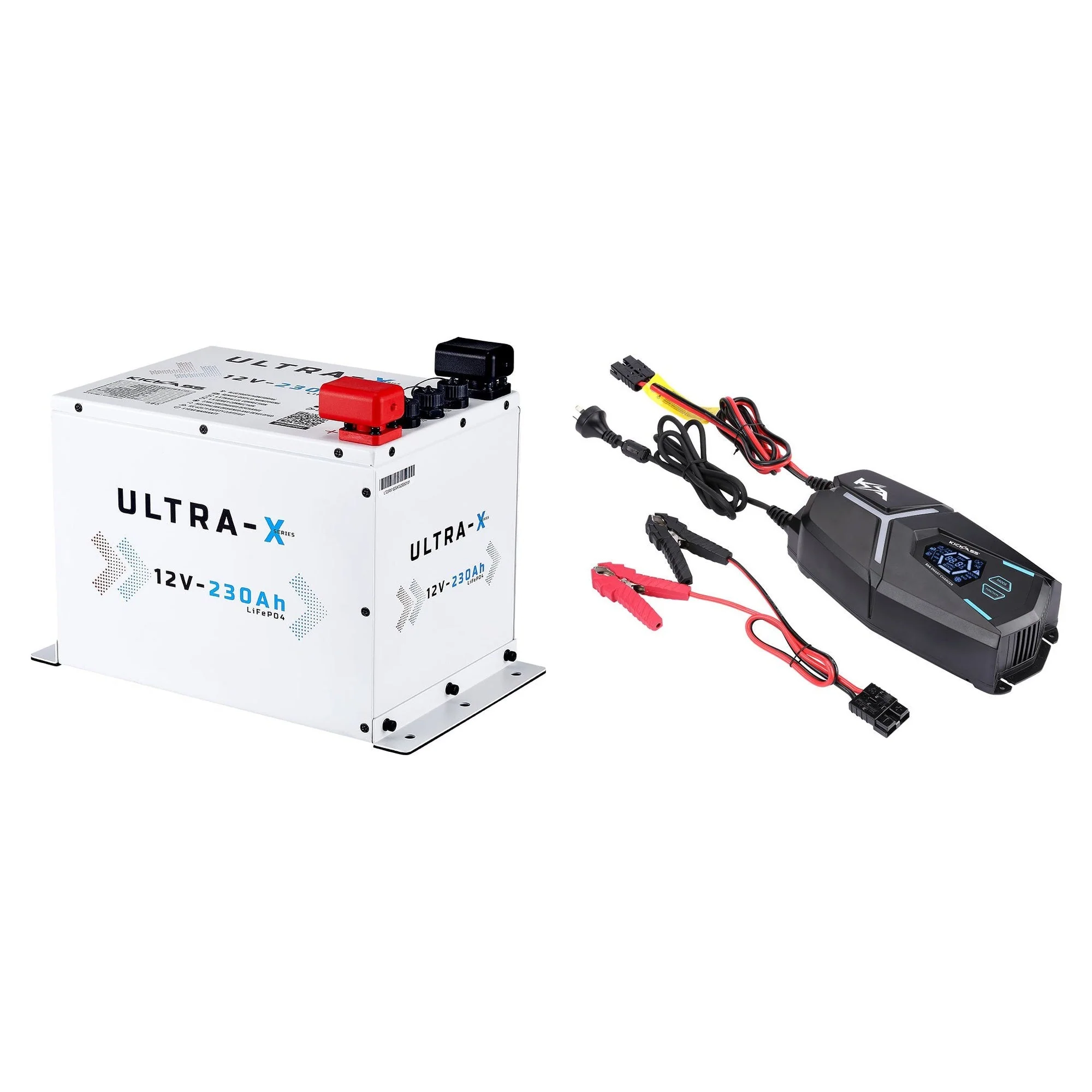 KickAss 230Ah Arctic White Compact Lithium Battery Bundle with 32A Smart Charger