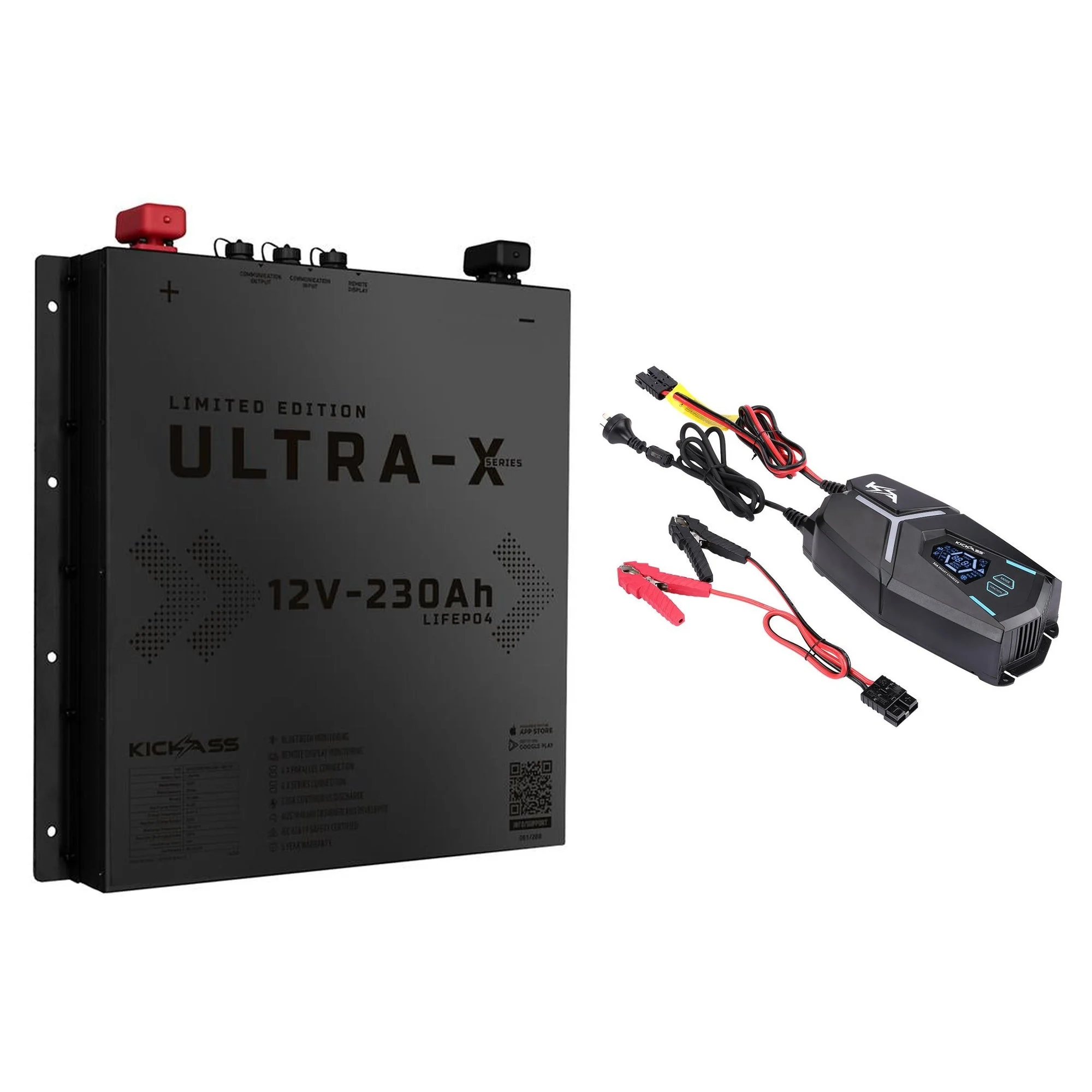 KickAss 230Ah Black Edition Slimline Lithium Battery Bundle with 32A Smart Charger