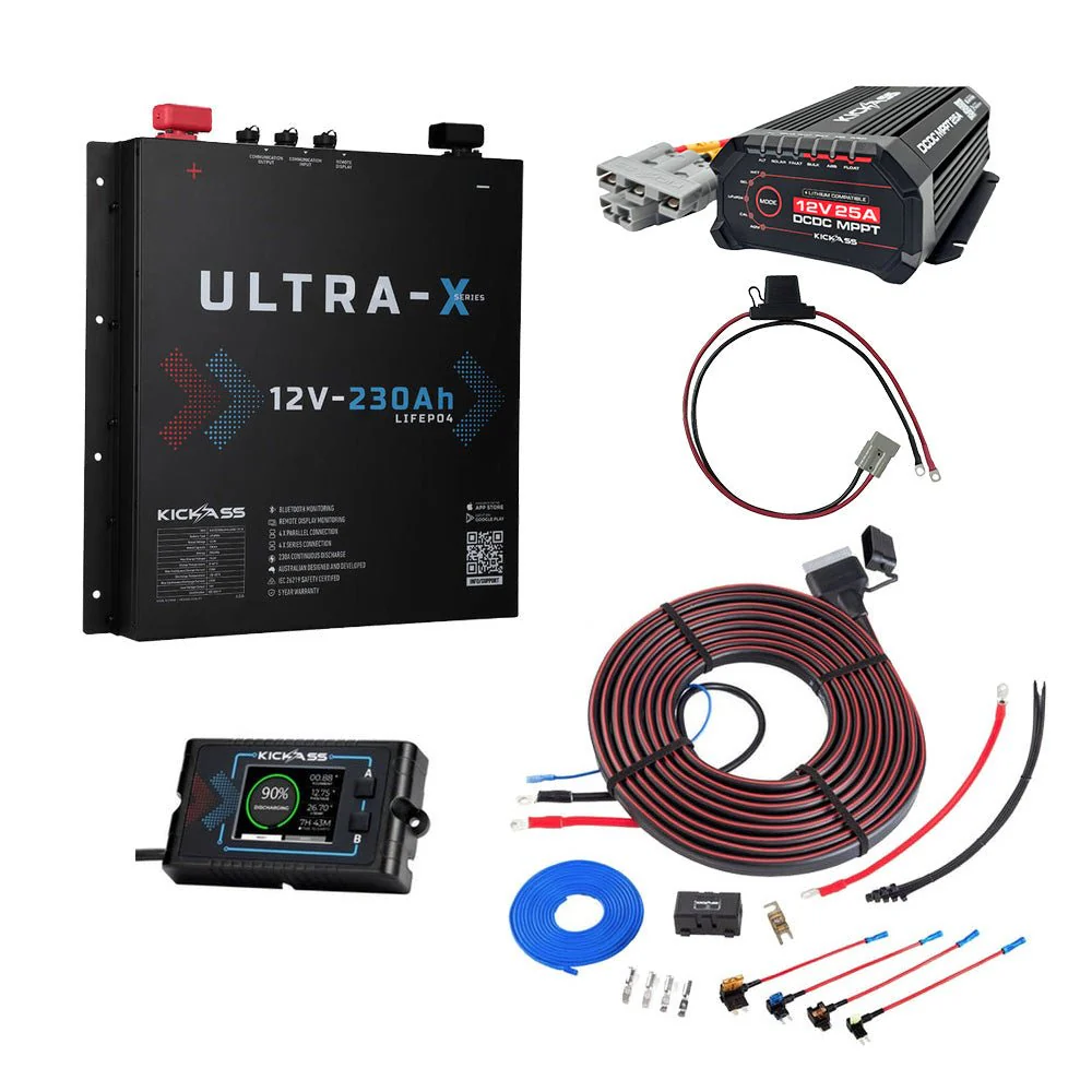 KickAss 230Ah Slimline Lithium Premium Dual Battery Kit with 40A DCDC Charger with Bluetooth, Plug and Play DCDC Wiring Kit 6.5m, Remote Display Unit
