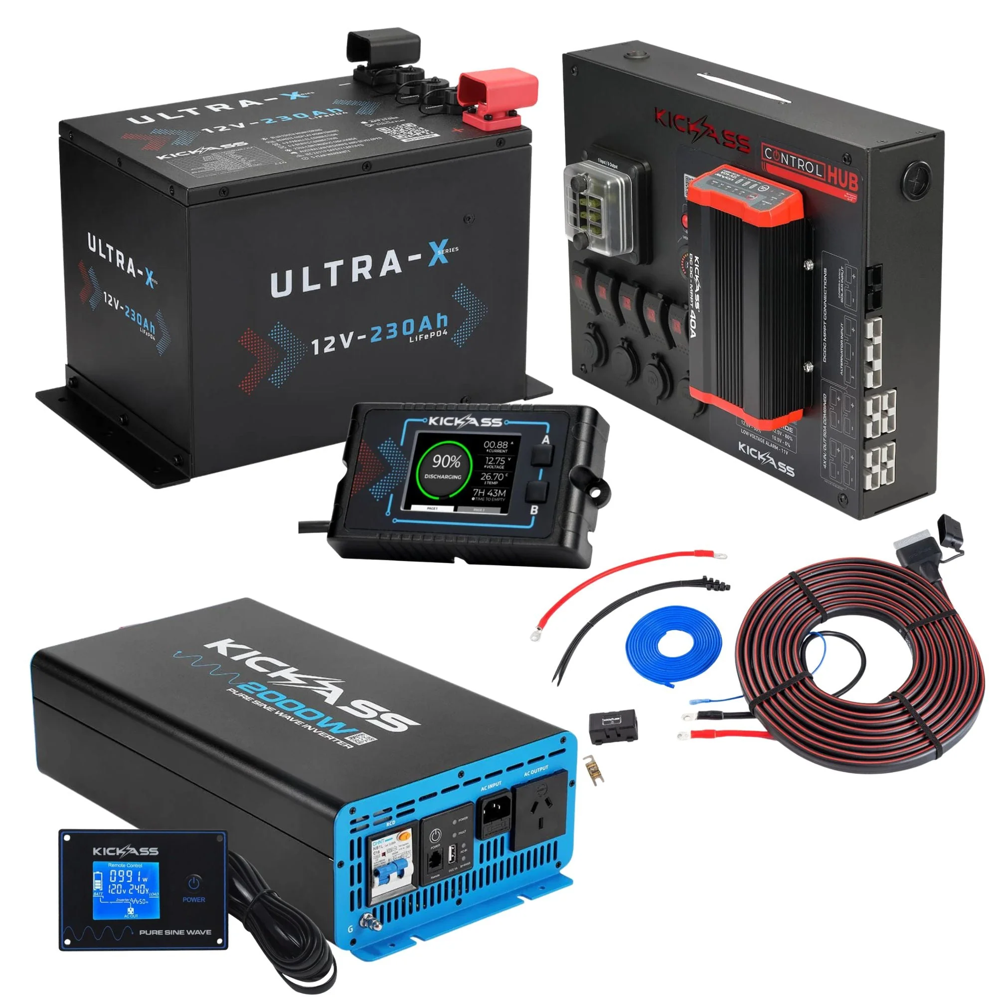 KickAss Smart 12V 230Ah Ultra X Compact Dual Battery Kit with 2000W Inverter, Control Hub with 40A DCDC Charger, Display Panel, Wiring