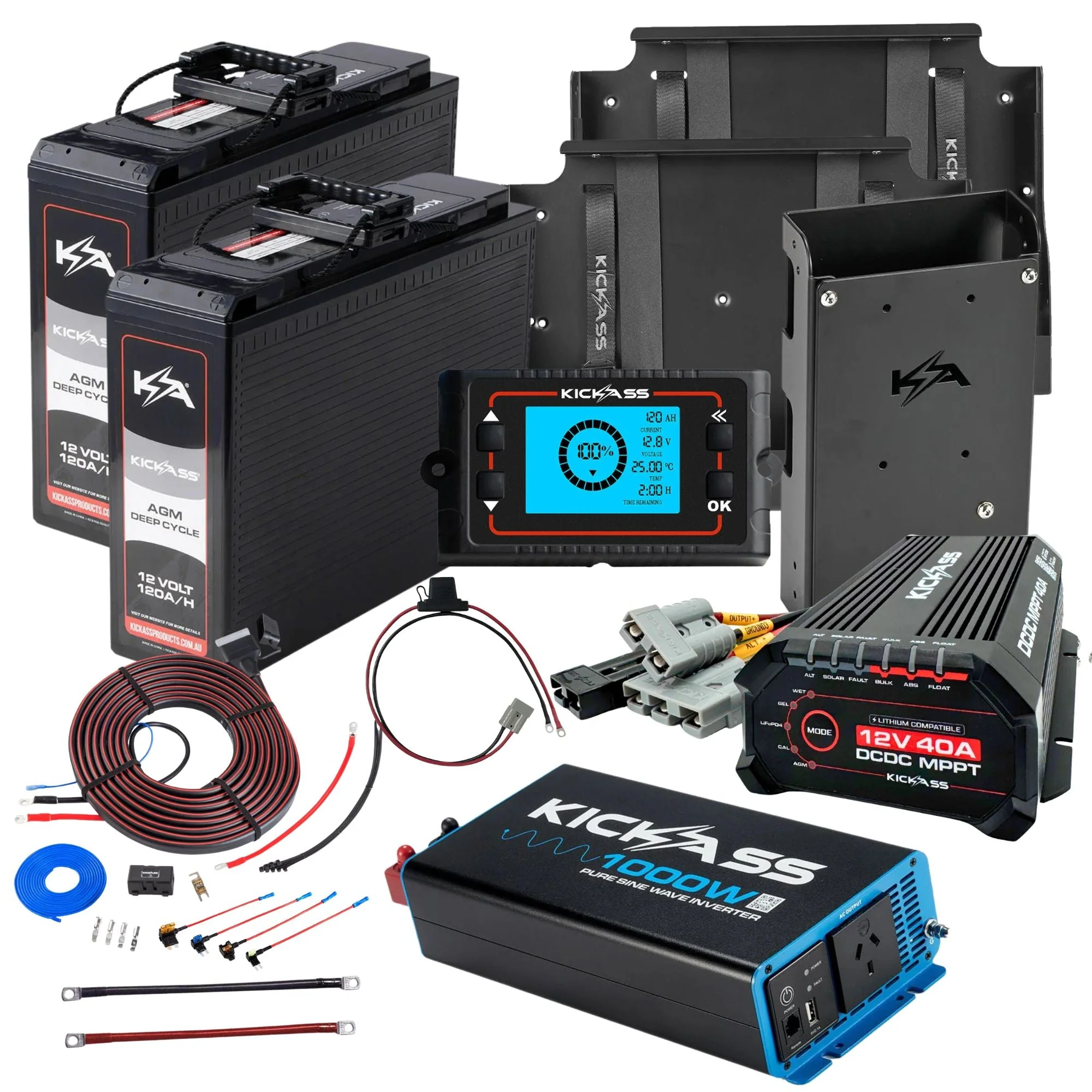 KickAss Twin 12V 120Ah Slimline Deep Cycle AGM Complete Dual Battery Kit with 1000W Inverter, 40A DCDC Charger, Tray & Wiring - 240Ah Capacity