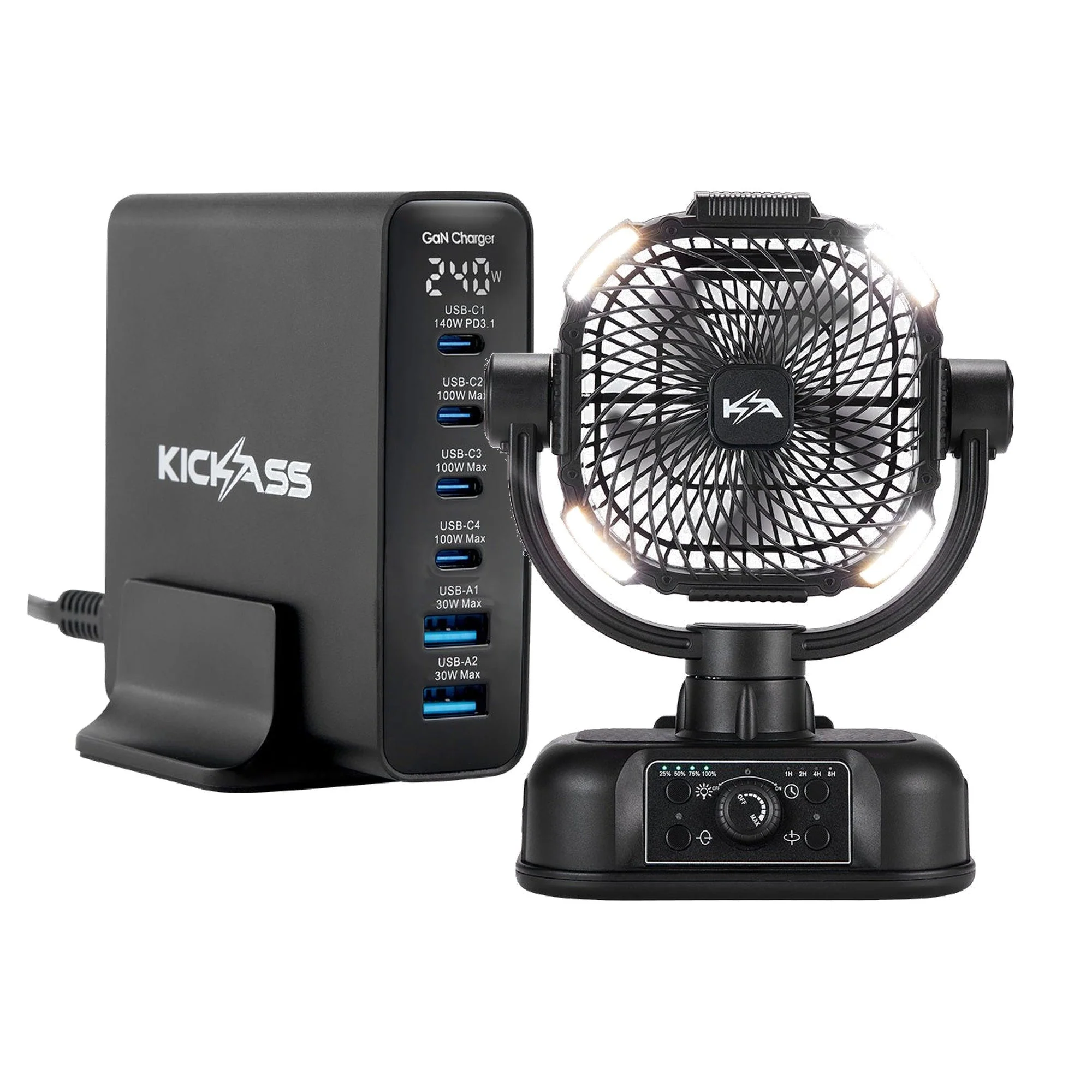 KickAss 240W GaN USB-C Charger + 360 Oscillating Camping Fan Bundle
