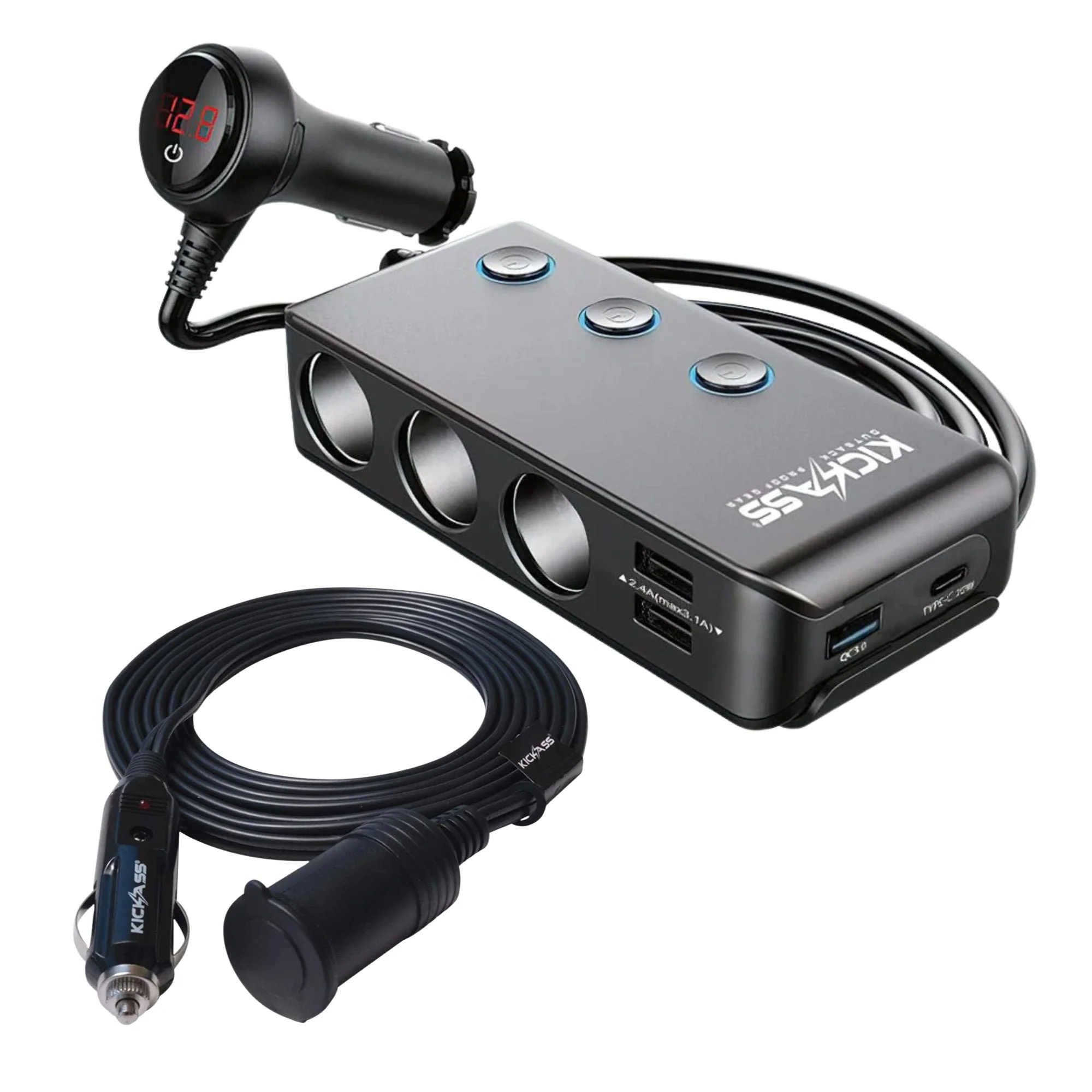 KickAss 3-Way Cigarette Socket Splitter + Extension Cable Bundle - 3m