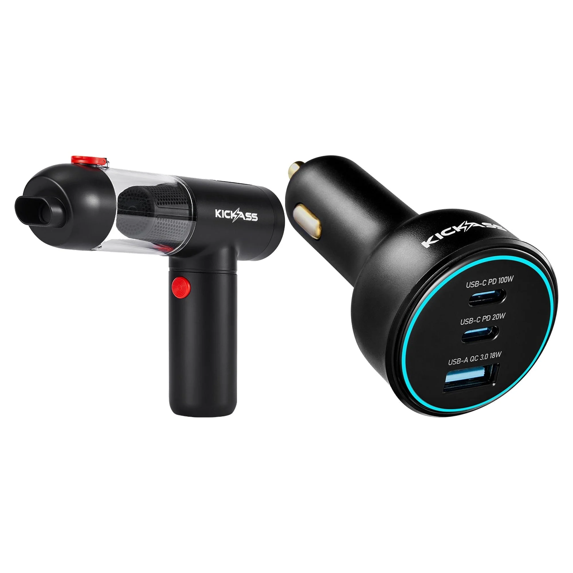 KickAss 4-in-1 Vacuum Cleaner + 100W USB-C/A Car Charger Bundle