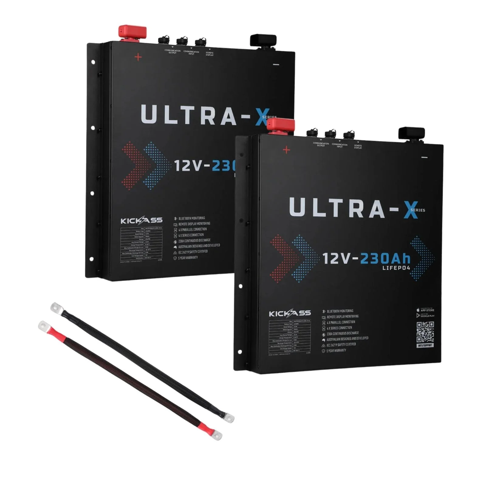 KickAss Twin Smart 12V 230Ah Ultra-X Lithium Slimline Battery Bundle with Linking Cables - 460Ah Total Capacity