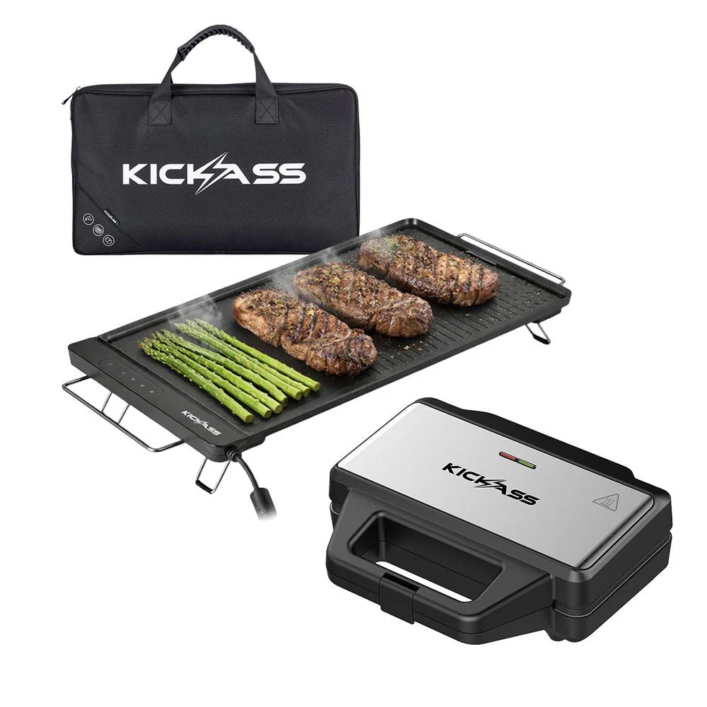 KickAss 50CM Portable Electric BBQ- 1400W & All-In-One Jaffle, Waffle, Sandwich & Grill Press Bundle