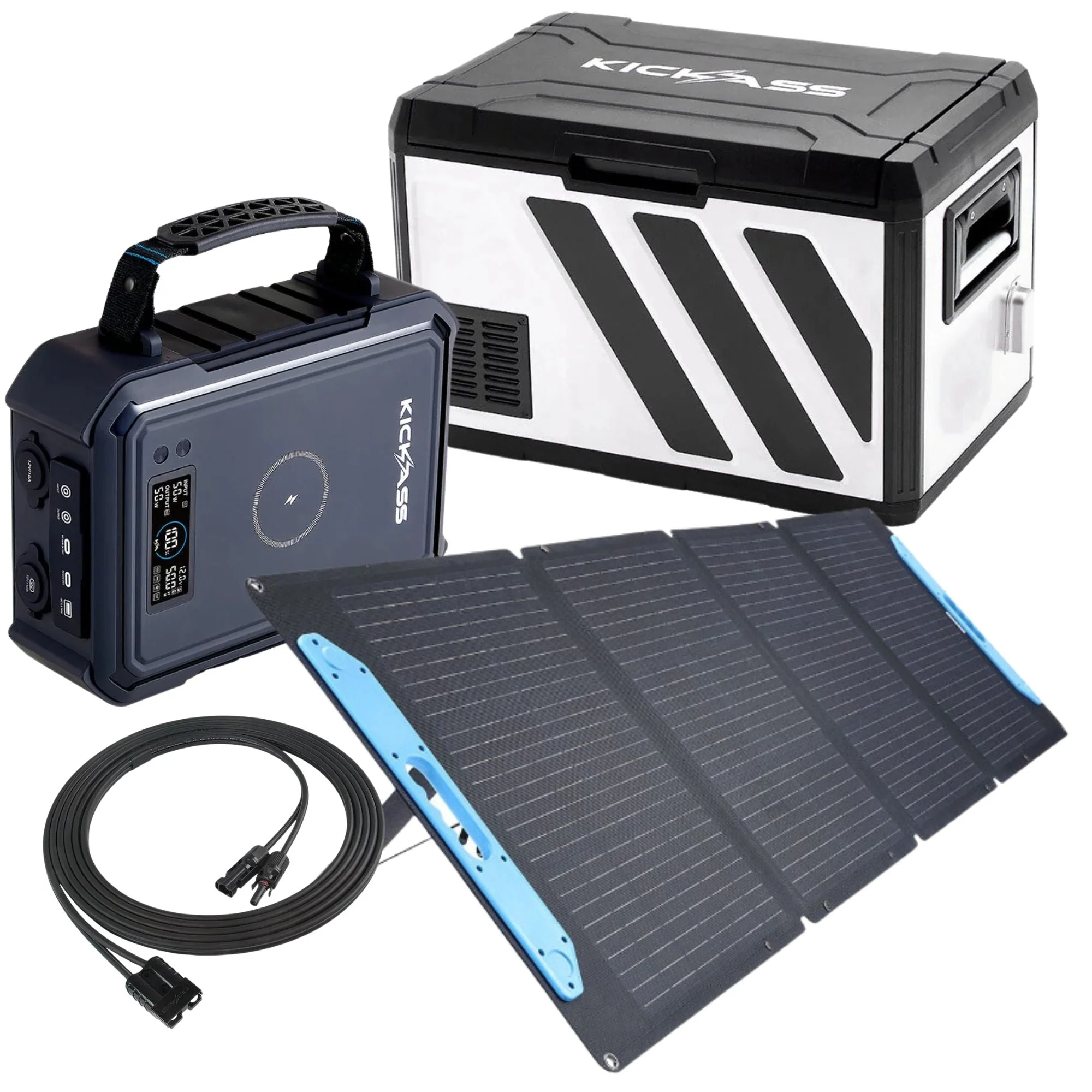 KickAss 50L Single Zone Stainless Steel Fridge Bundle with KickCharge Powerhub 30Ah / 380Wh & 120W Folding Solar Panel