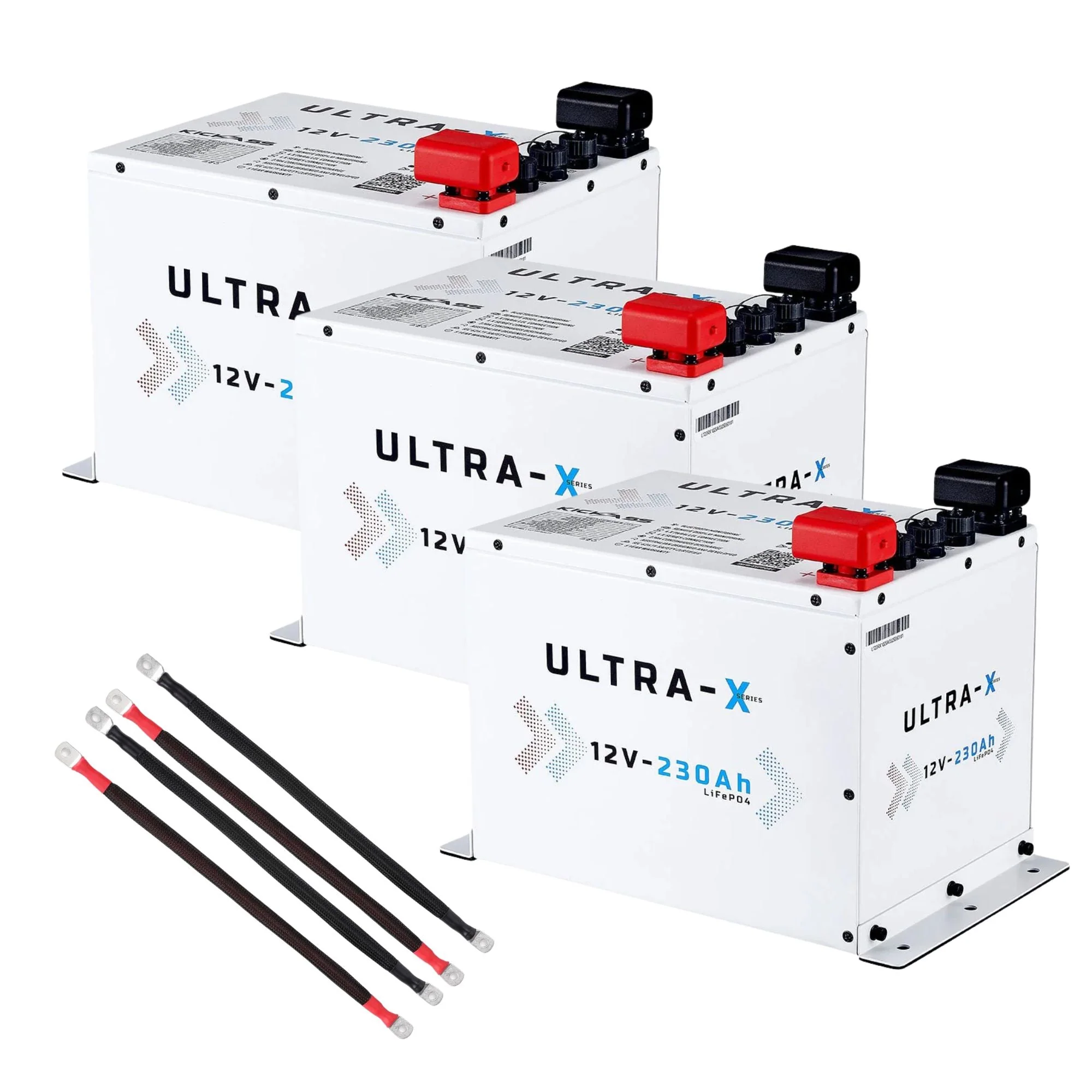 KickAss Triple Smart 12V 230Ah Ultra-X Lithium Compact Battery Bundle with Linking Cables - Arctic White, 690Ah Total Capacity