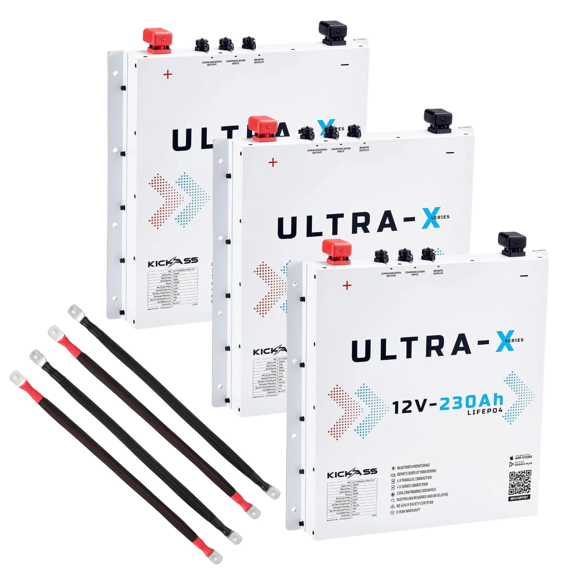 KickAss Triple Smart 12V 230Ah Ultra-X Lithium Slimline Battery Bundle with Linking Cables - Arctic White, 690Ah Total Capacity
