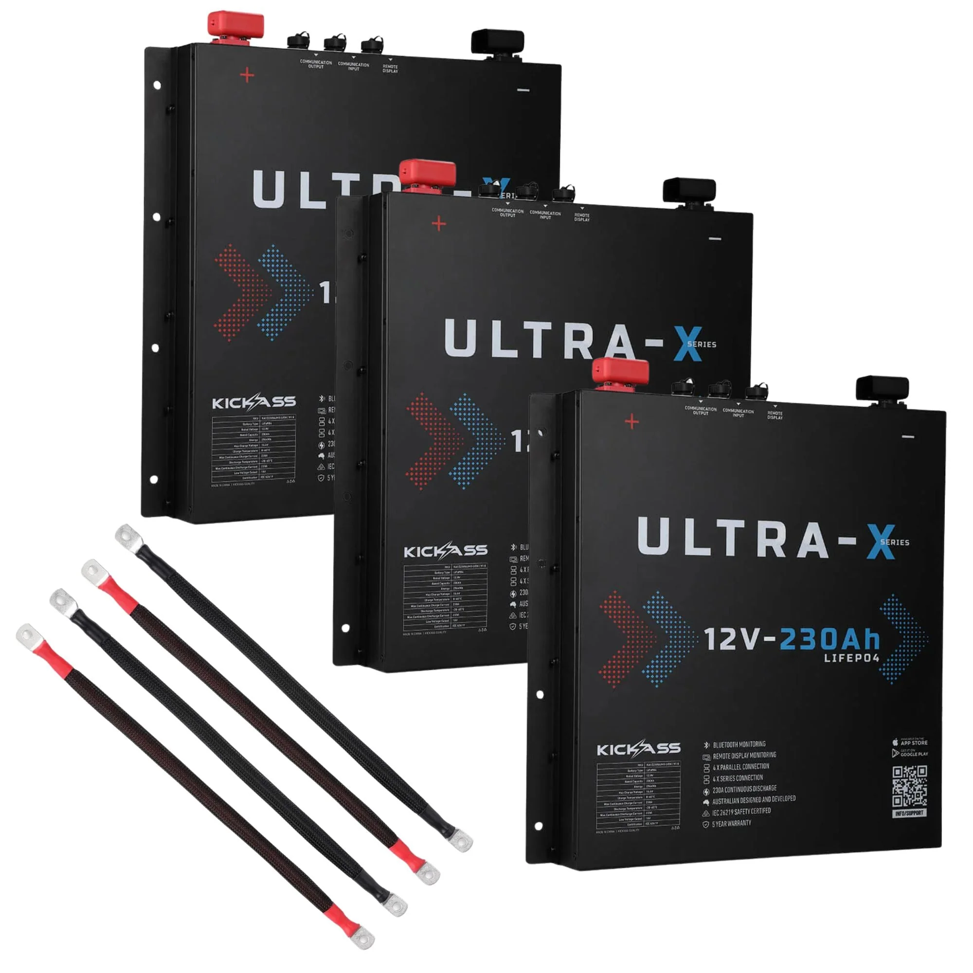 KickAss Triple Smart 12V 230Ah Ultra-X Lithium Slimline Battery Bundle with Linking Cables - 690Ah Total Capacity