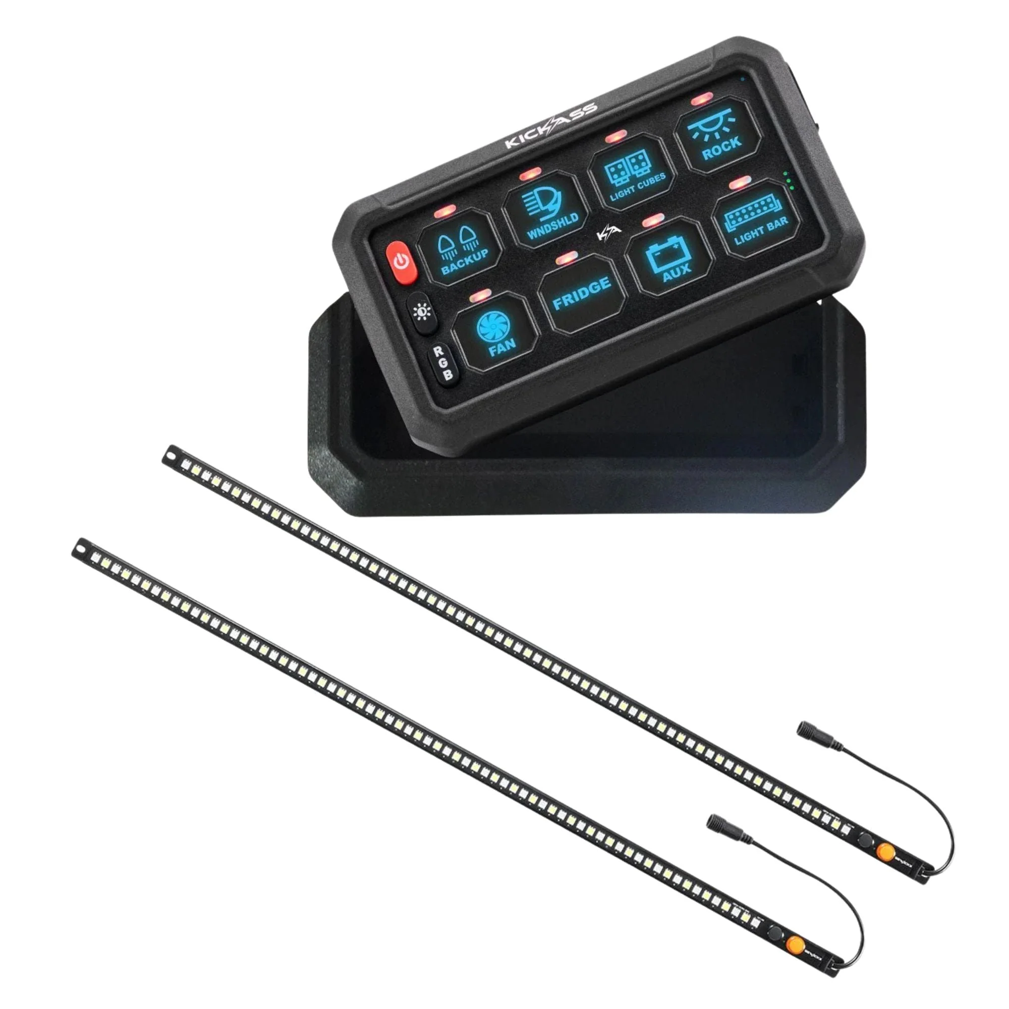KickAss 8 Gang Wireless 12V Switch Panel + 2x Magnetic LED Light Strips Bundle - 60cm