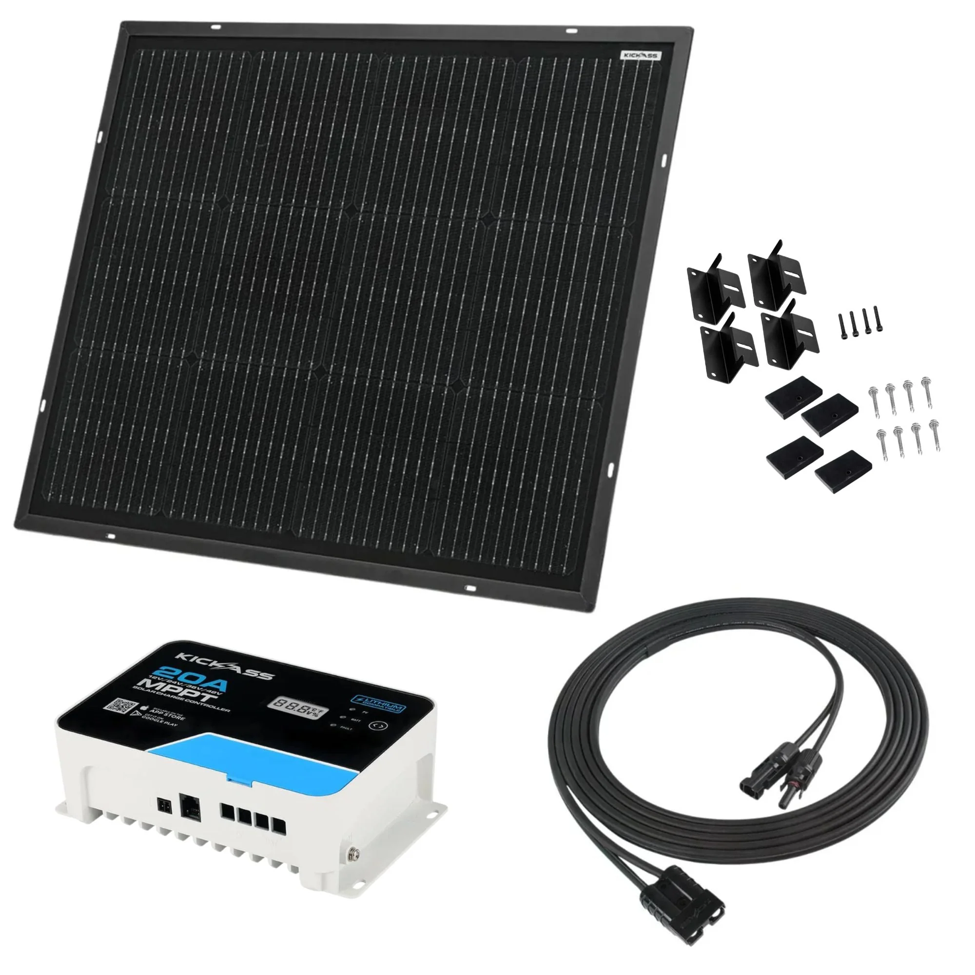 KickAss 80W Ultra Slim Fixed Glass Solar Panel Bundle with 20A MPPT Solar Charge Controller & Extension Cable - 5m