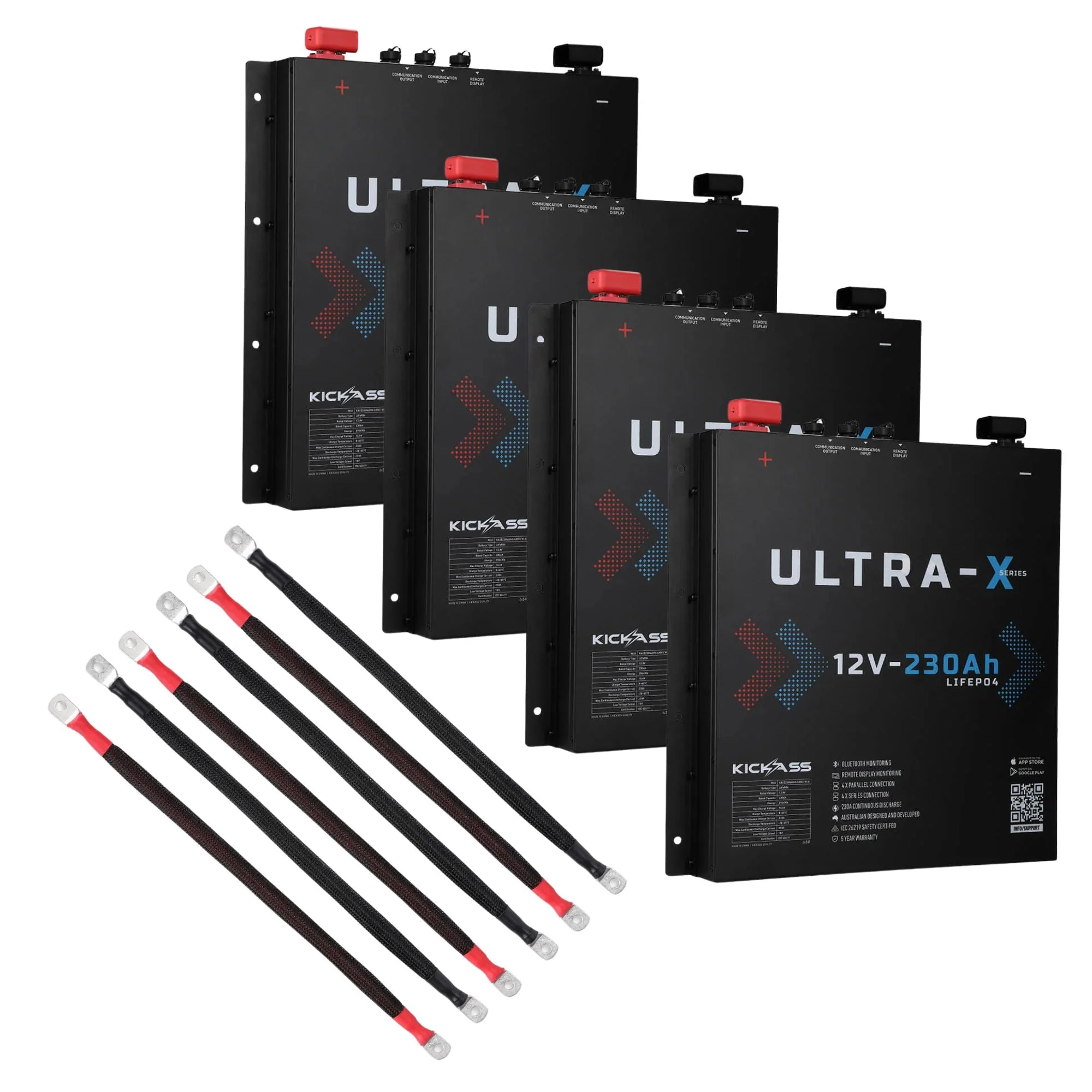 KickAss Four Smart 12V 230Ah Ultra-X Lithium Slimline Battery Bundle with Linking Cables - 920Ah Total Capacity