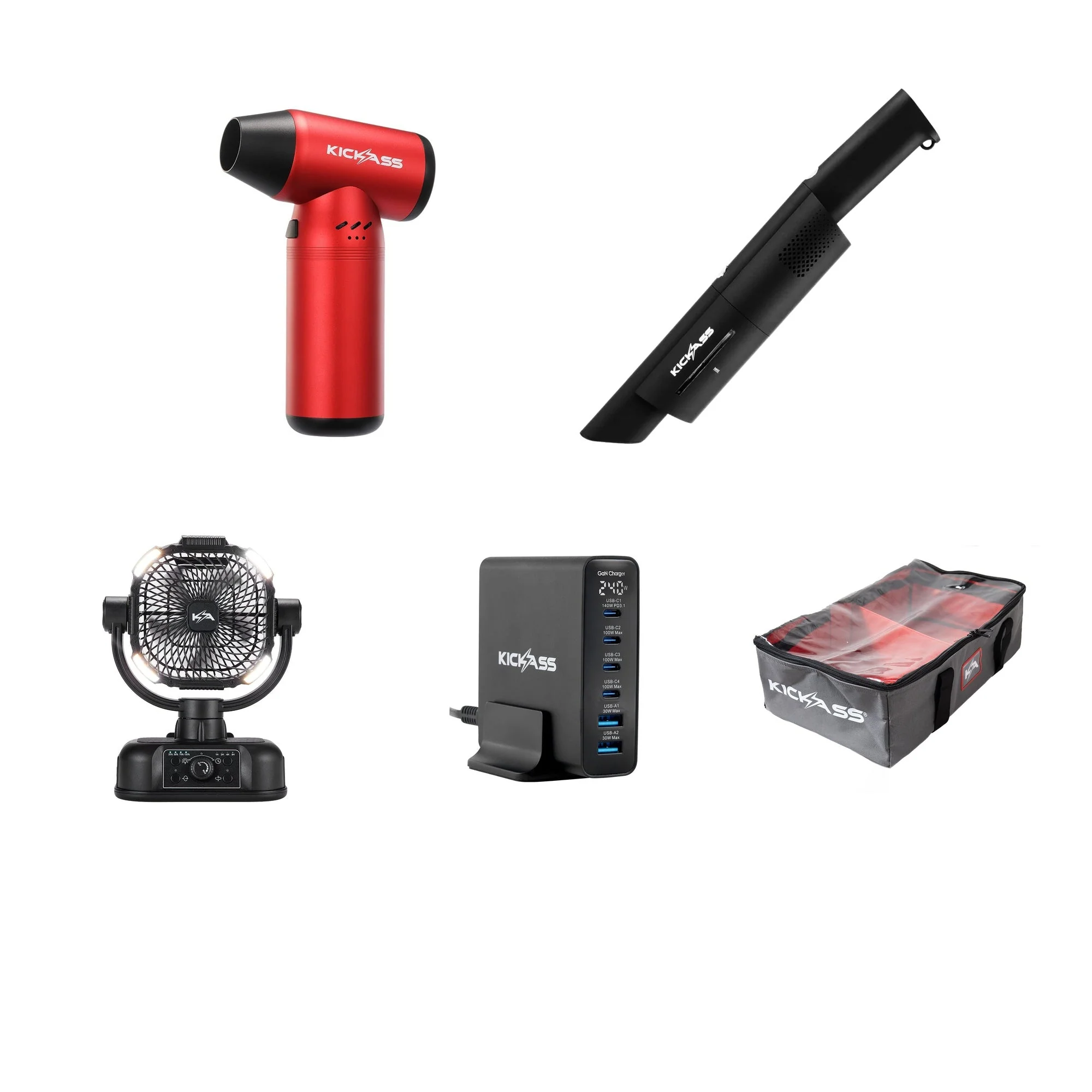KickAss Camping Essentials Bundle - Fan, Vacuum, Blower, Charger & Storage