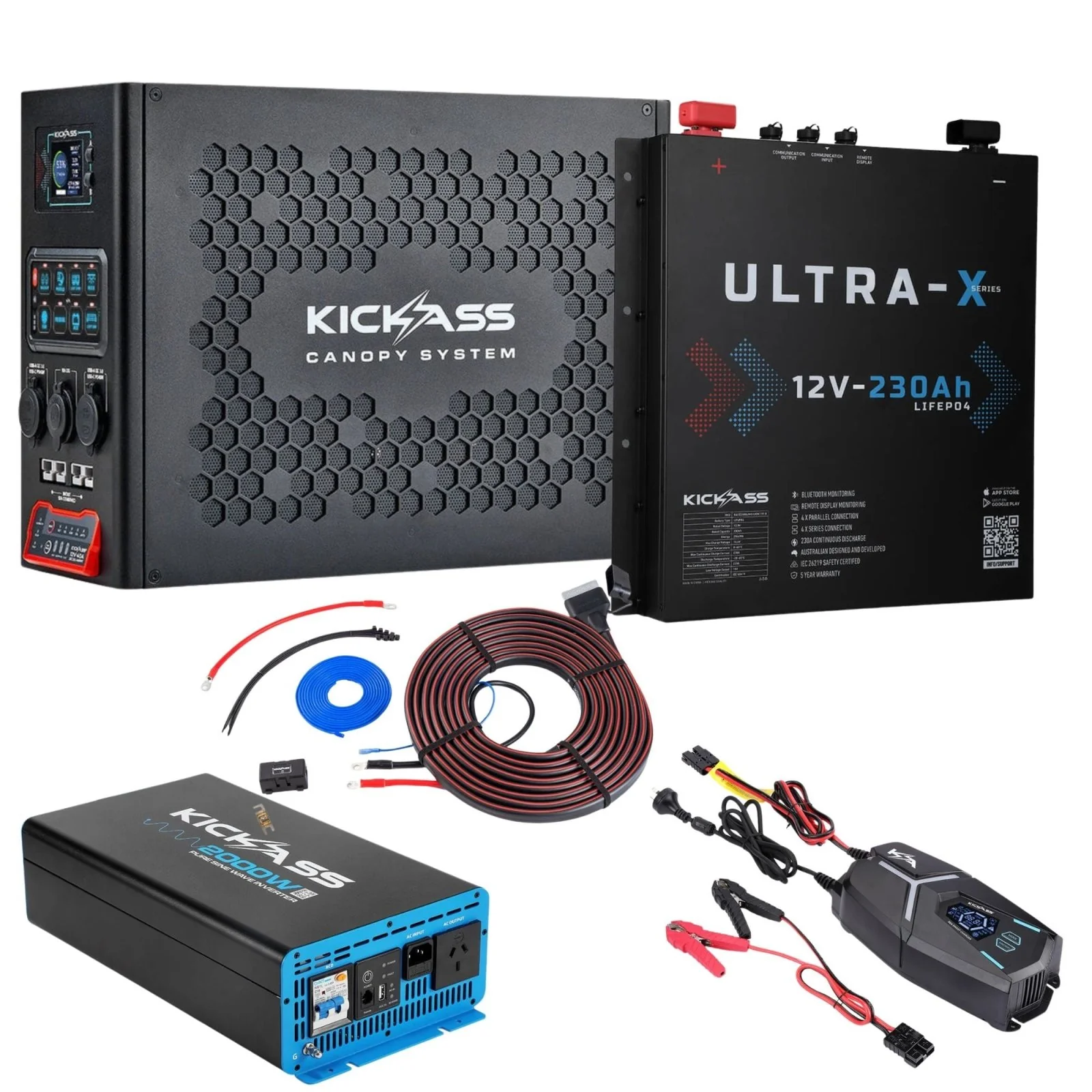 KickAss Canopy Power System Complete Bundle with 12V 230Ah Slimline Ultra-X Lithium Battery, 2000W Inverter, 32A Charger & Wiring Kit