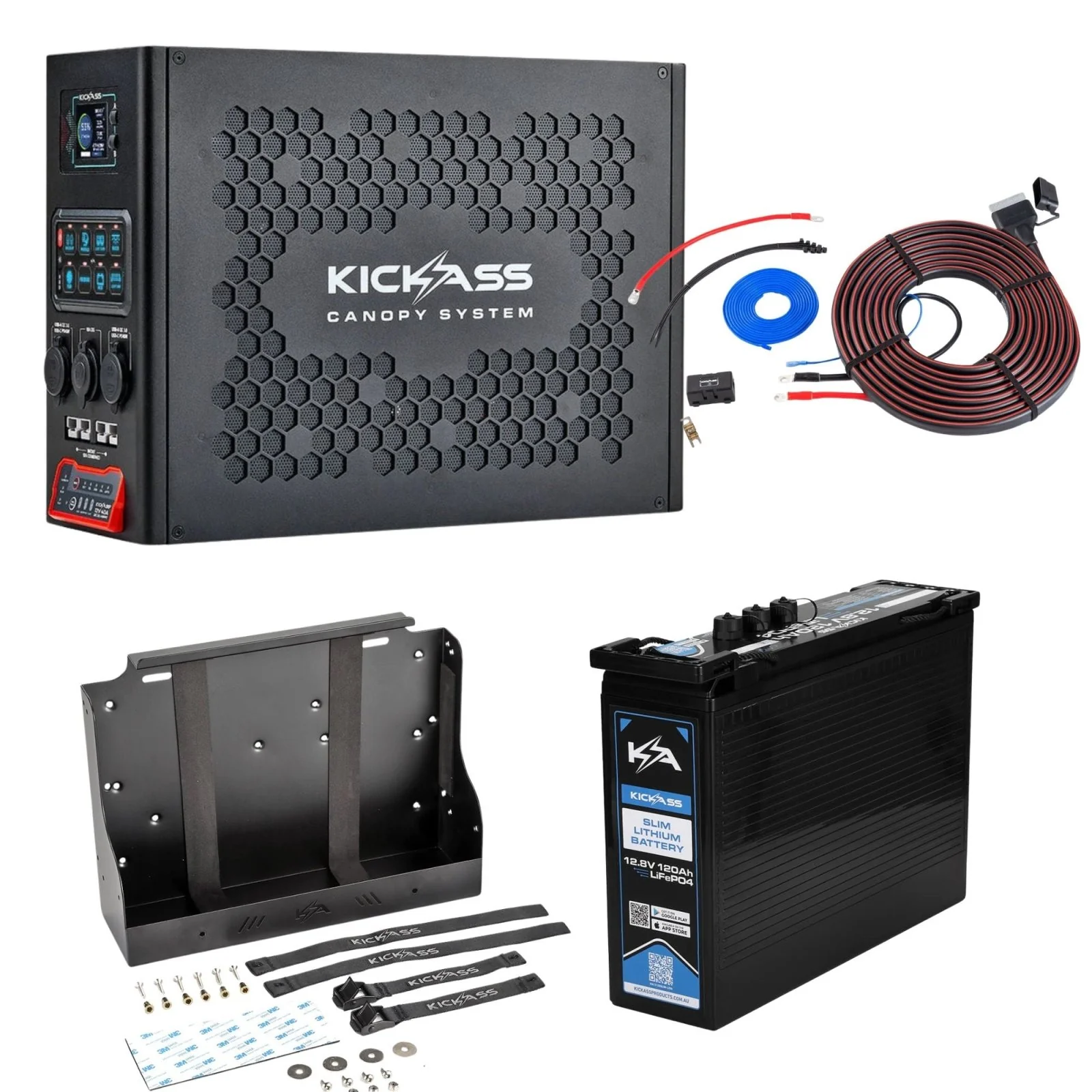 KickAss Canopy Power System Essentials Bundle with 12V 120Ah Slimline Lithium Battery, Tray & Wiring Kit