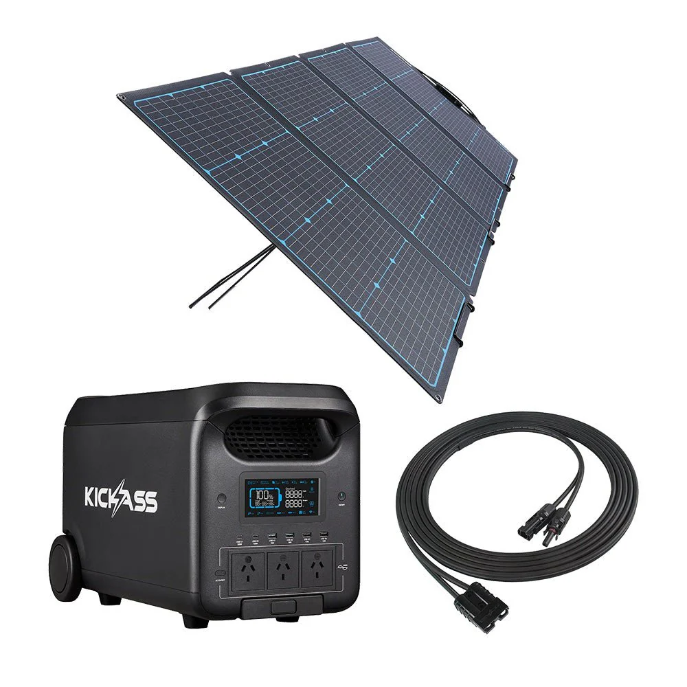 KickAss KickCharge 3000 Lithium Power Station, 12V 240W Premium Folding Portable Solar Panel & Solar Panel PV to Anderson Extension Cable Bundle