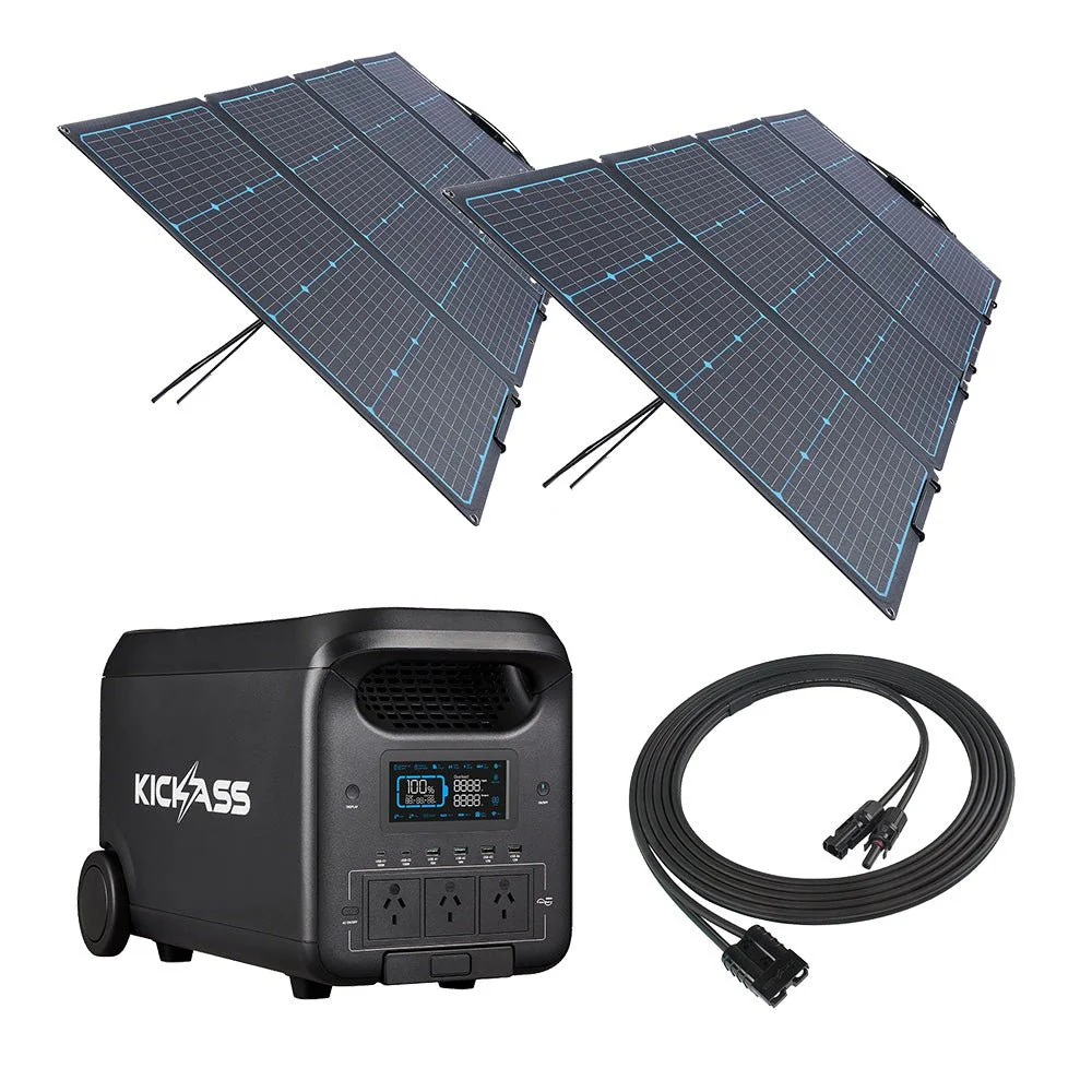 KickAss KickCharge 3000 Lithium Power Station, 2 x 12V 240W Premium Folding Portable Solar Panel & Solar Panel PV to Anderson Extension Cable Bundle