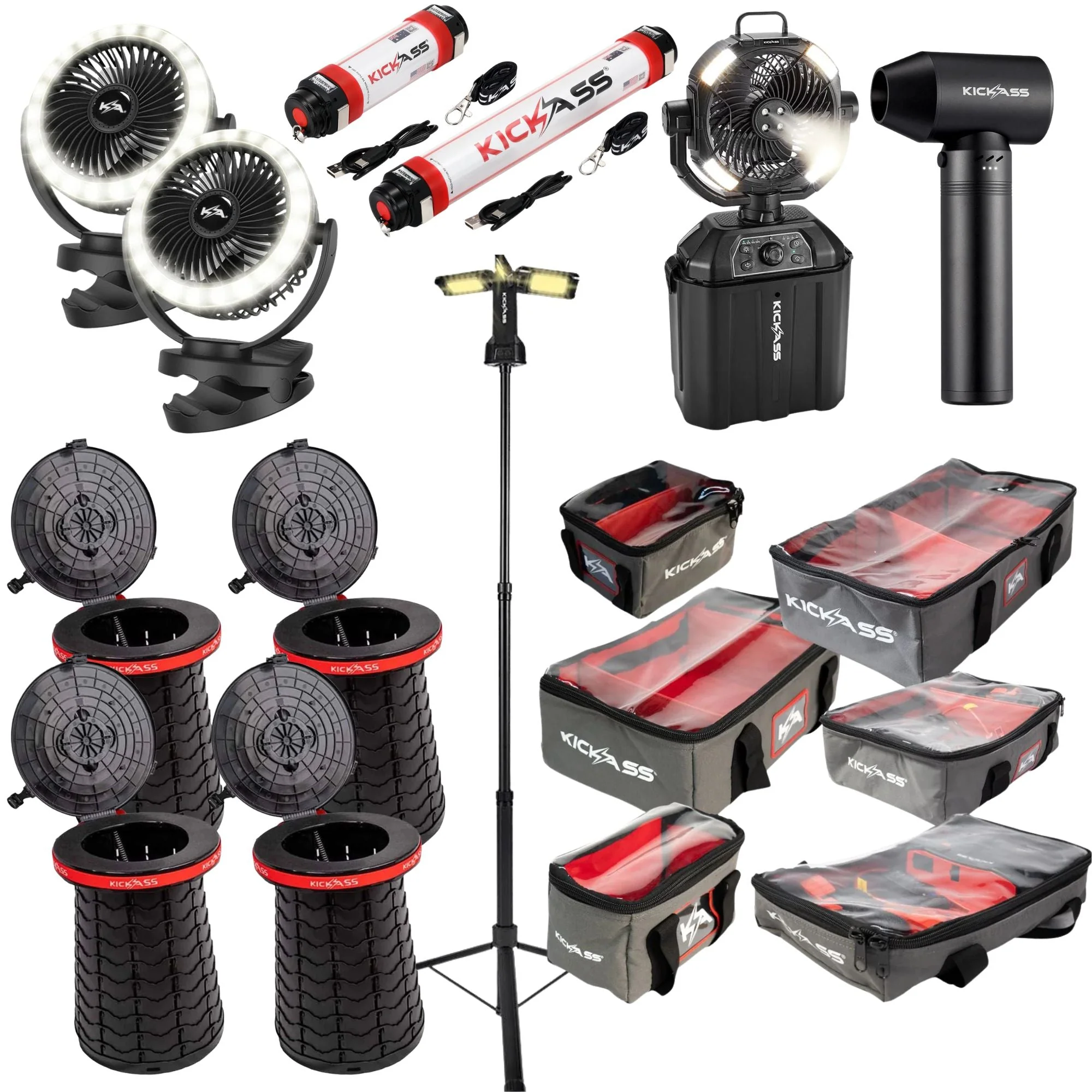 KickAss Large Campsite Essentials Bundle with Tripod Camping Light, Misting Fan, Clip Fans, Torches, Pop Up Stools, Jet Blower Fan & Storage Bag