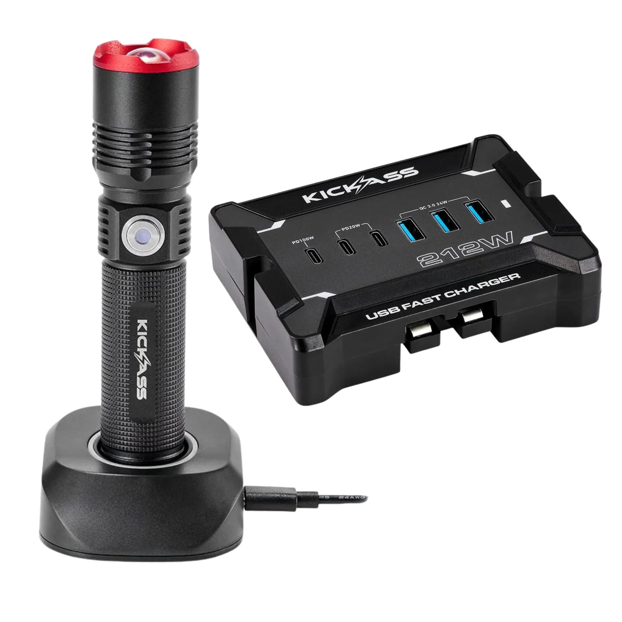 KickAss LED Flashlight with Charging Dock + 12V to USB Fast Charger Bundle