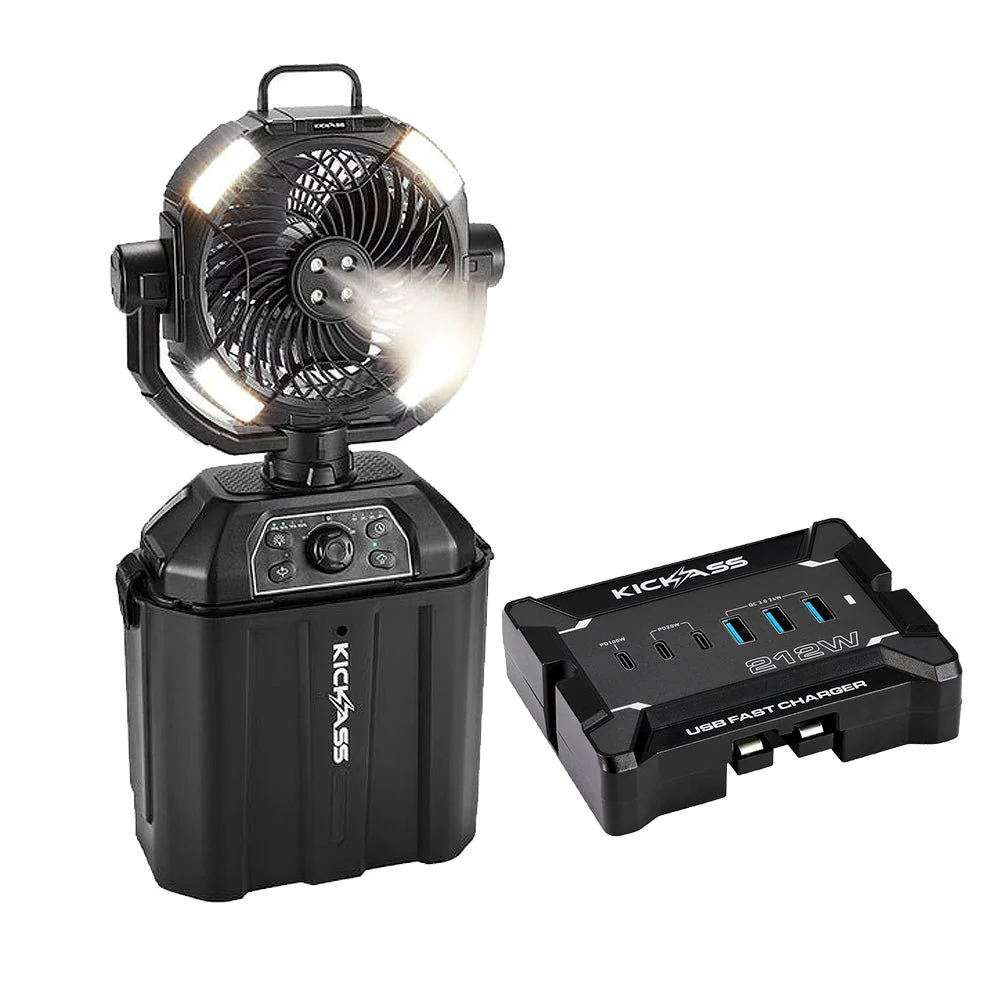 KickAss Portable 20,000mAh Misting Fan + 12V Anderson USB Fast Charger Bundle