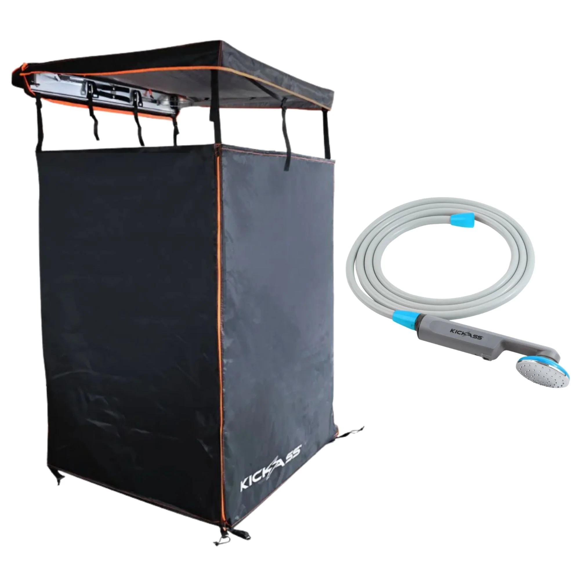 KickAss Shower Awning + 12V Camping Shower Bundle - Black & Orange