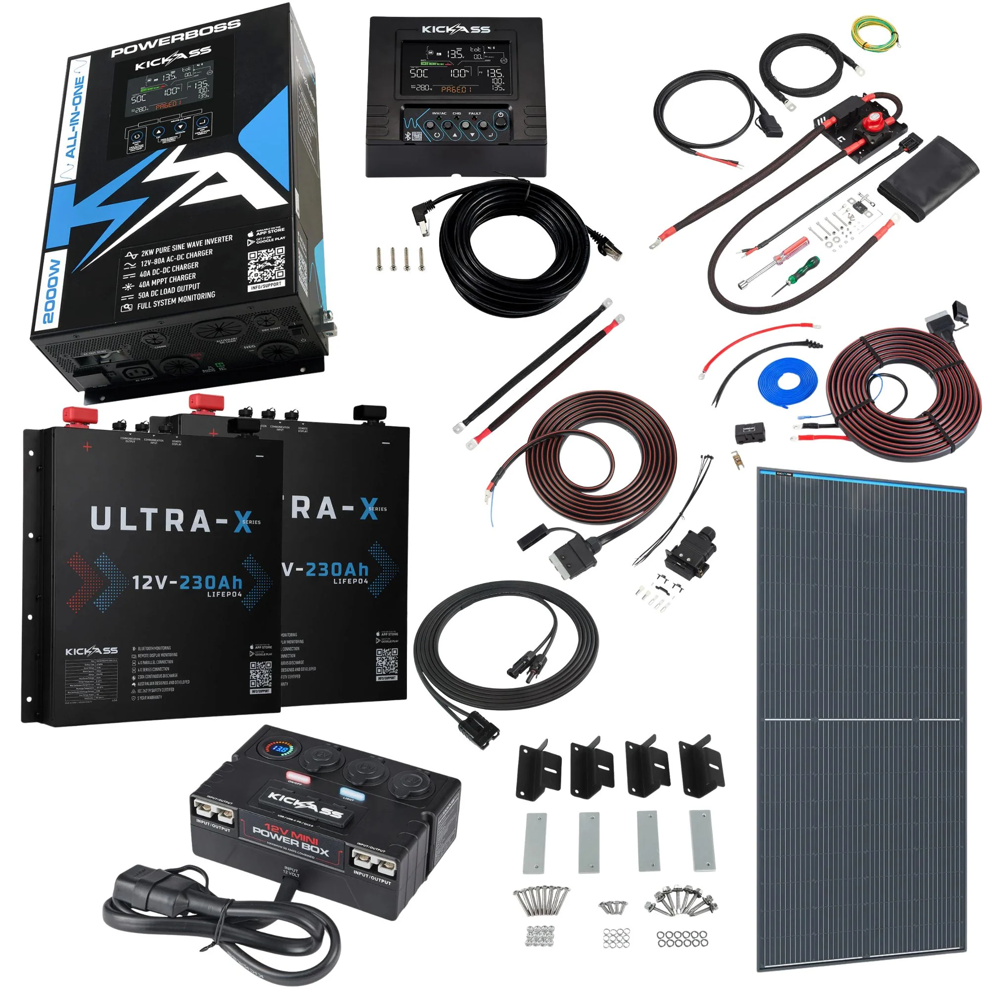 KickAss PowerBoss 2000W Caravan Power System with Bluetooth, 460Ah Slimline Batteries, 250W Solar & Full Wiring Kit