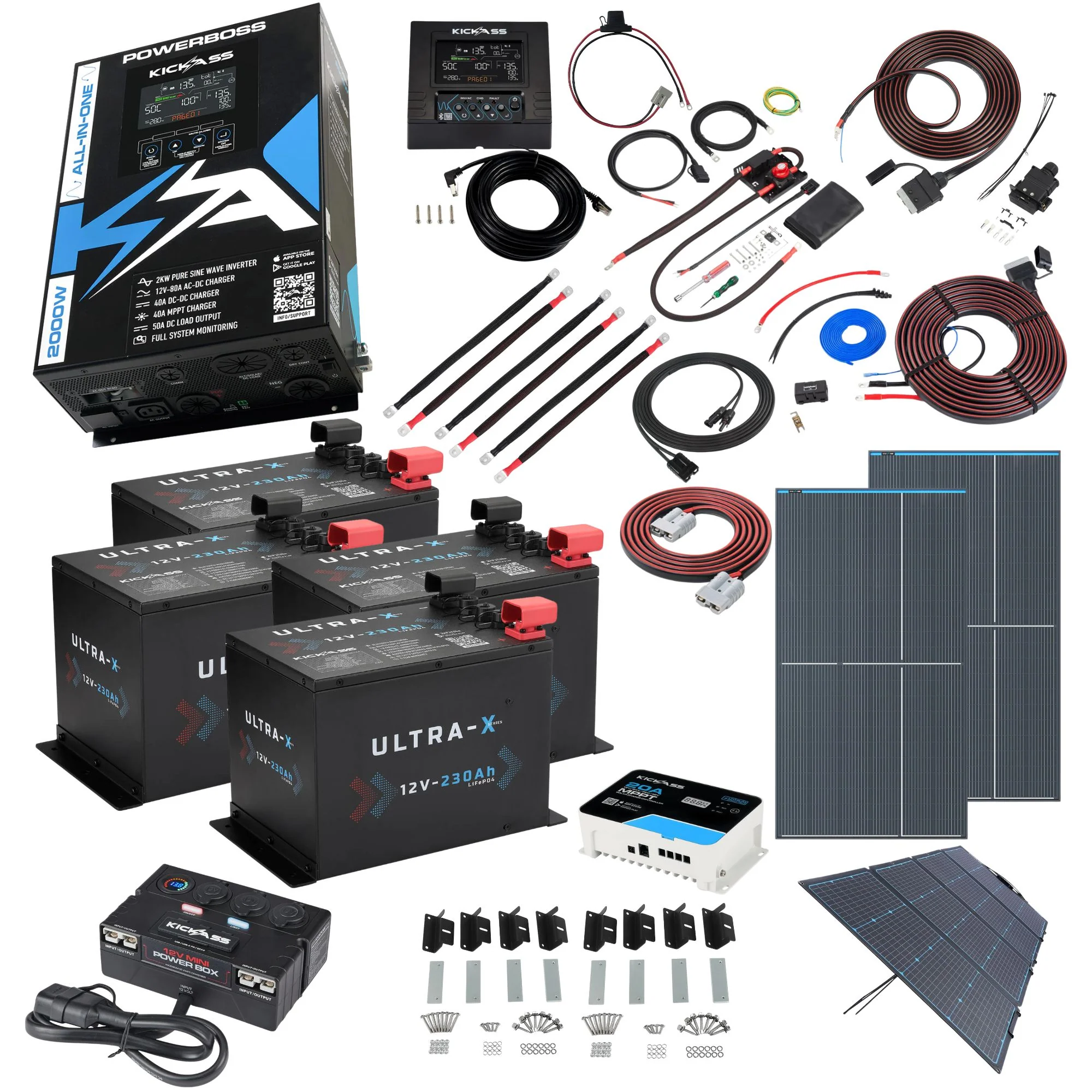 KickAss PowerBoss 2000W Mega Caravan Power System with Remote Display, 920Ah Lithium, Dual 350W Fixed Solar & 240W Portable Solar & MPPT