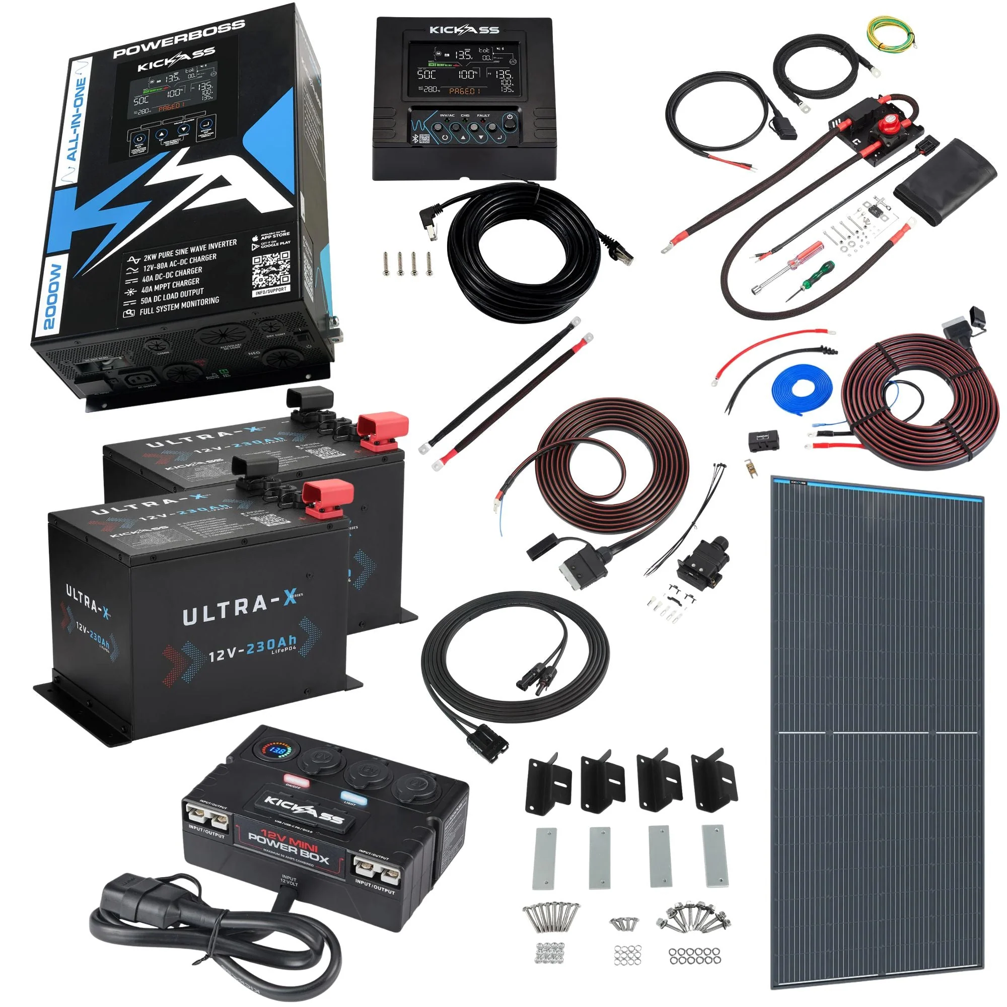 KickAss PowerBoss 2000W Off-Grid System with 8m DCDC Wiring, 250W Solar, 460Ah Batteries & Power Hub - Ideal for Caravans