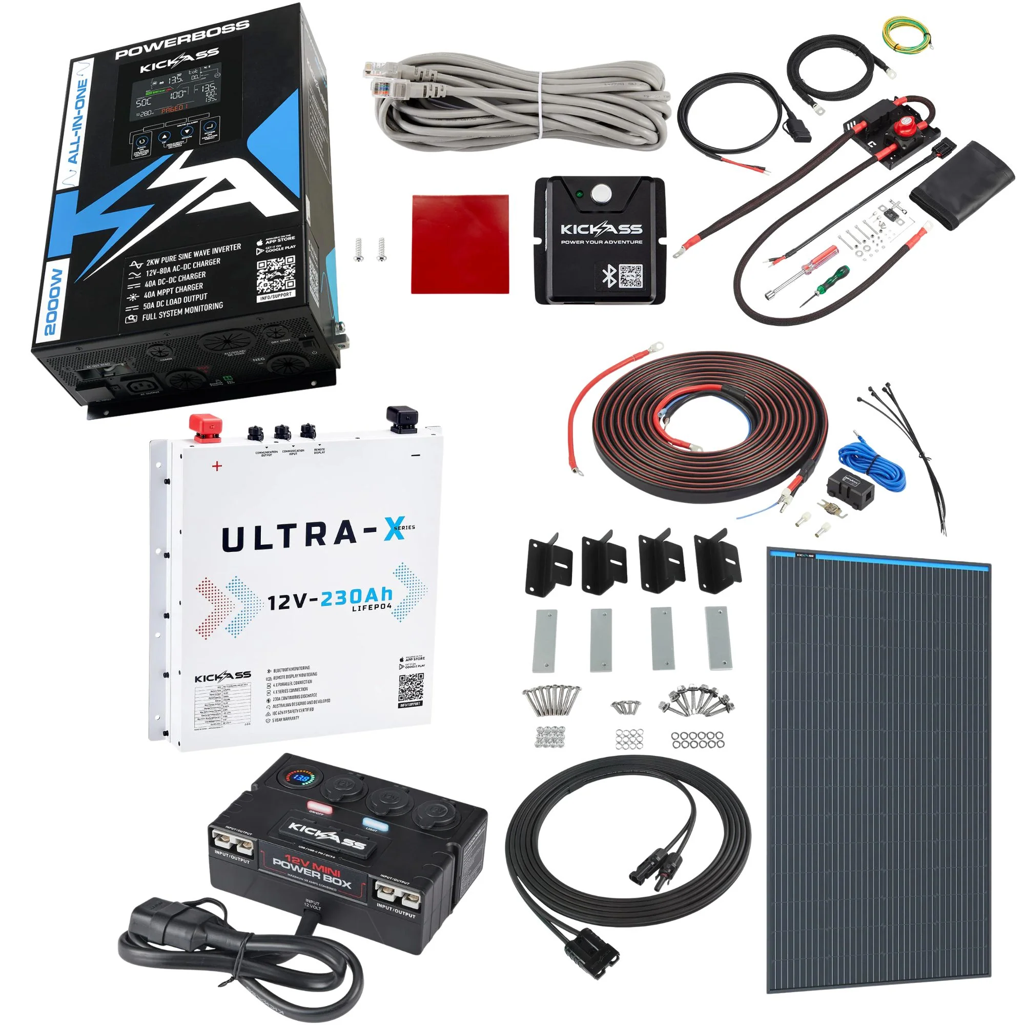 KickAss PowerBoss 2000W Off-Grid System with Bluetooth, Alternator Wiring Kit, 230Ah Arctic White Lithium Battery & Power Accessories