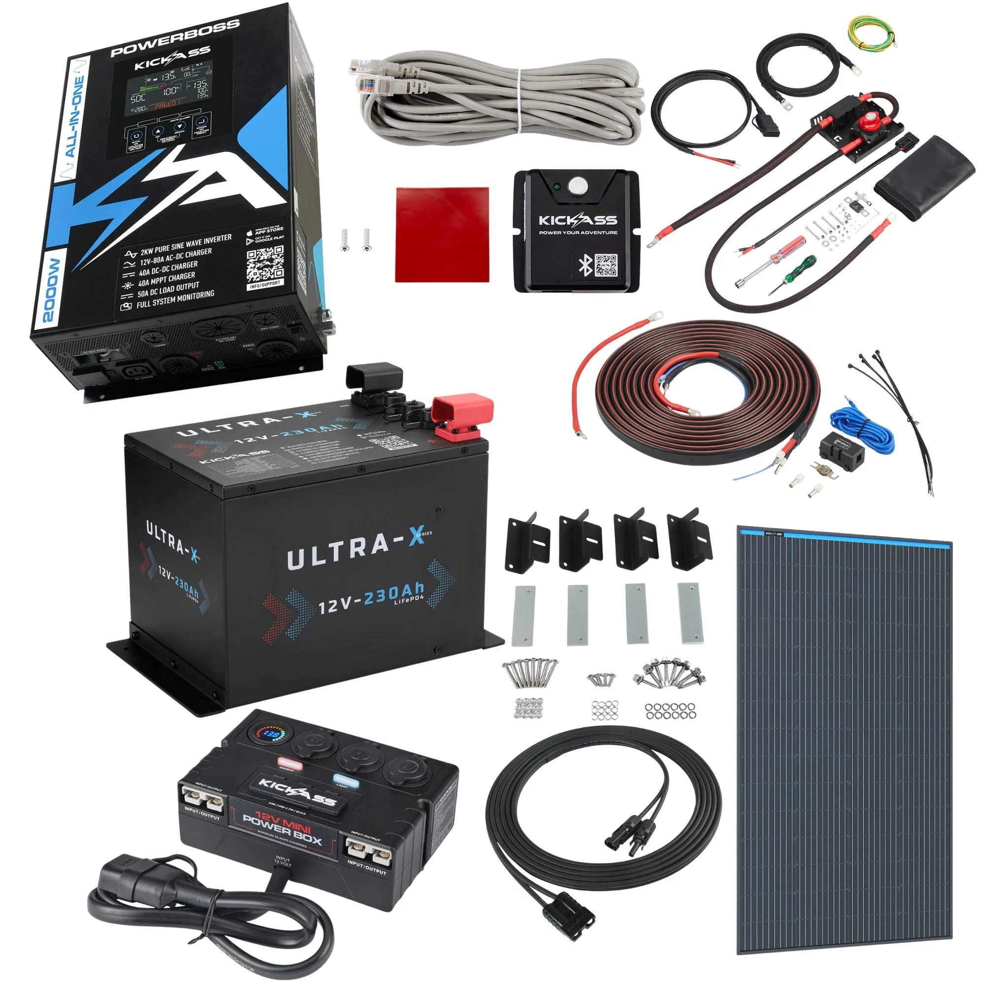 KickAss PowerBoss 2000W Off-Grid System with 230Ah Battery, Bluetooth, Alternator Wiring Kit & Power Accessories
