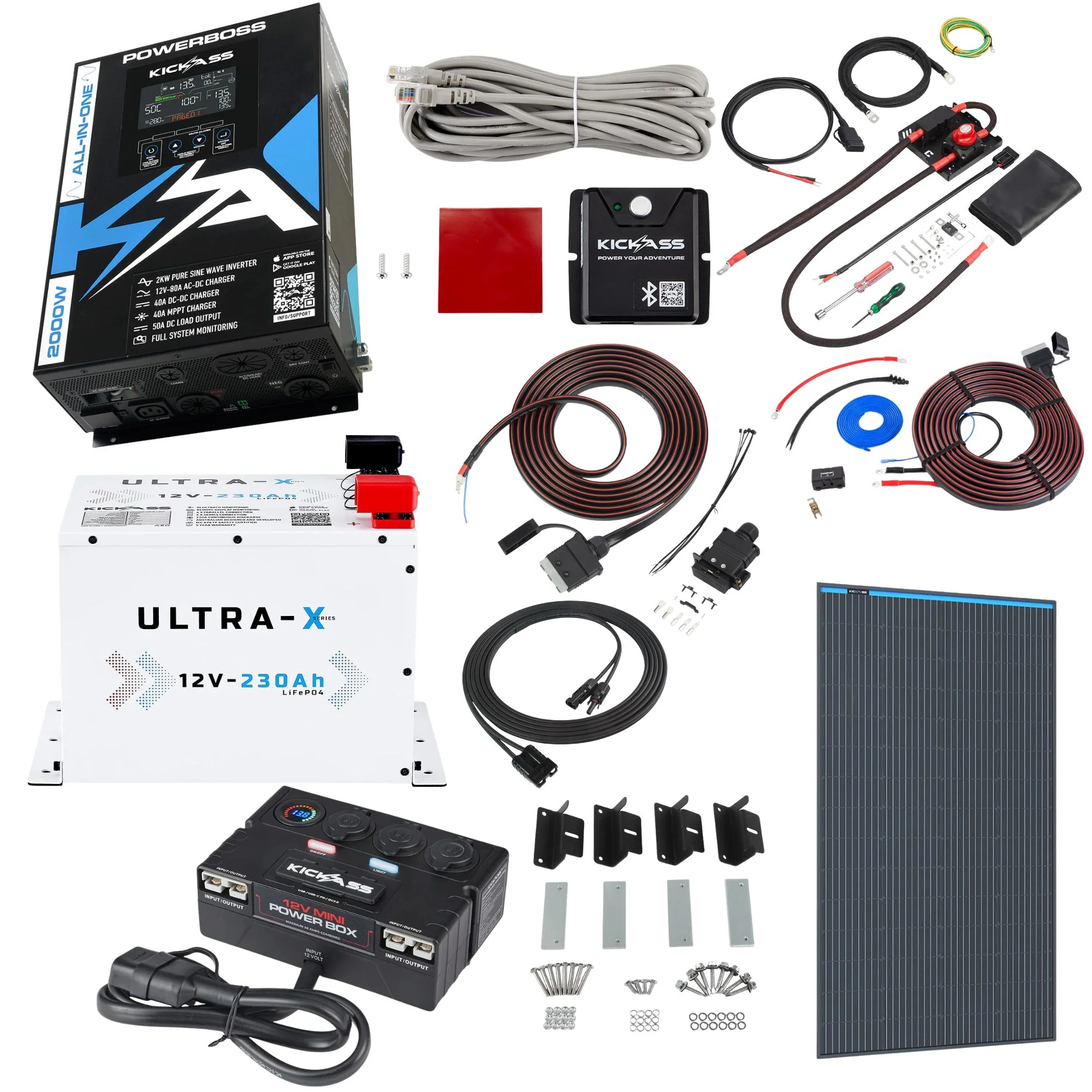 KickAss PowerBoss 2000W System with 230Ah Arctic White Lithium Battery, Bluetooth, Alternator & DCDC Wiring Kit + Power Accessories