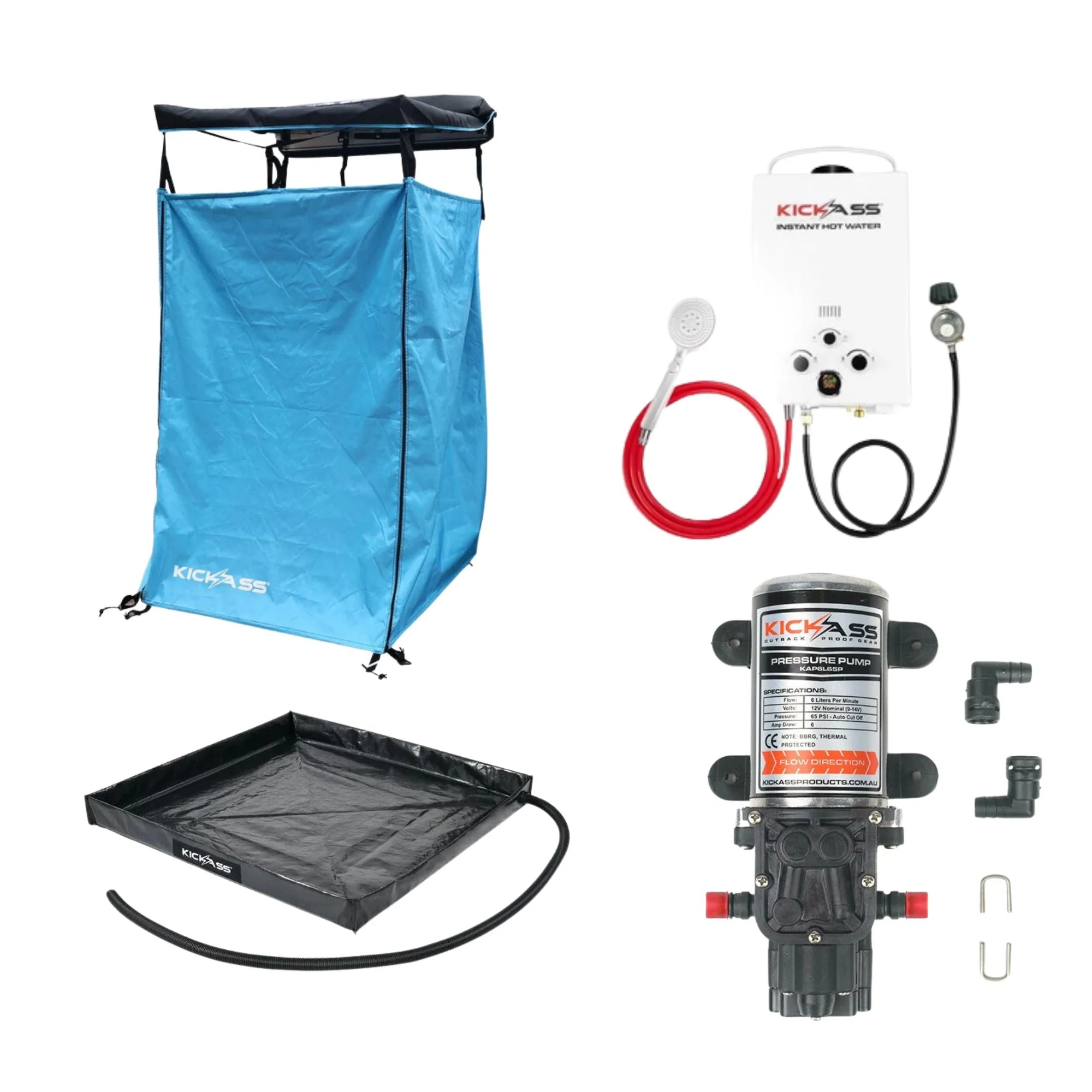 KickAss Premium Shower Awning Bundle with Instant Hot Water System, Water Pump, & Shower Base - Blue