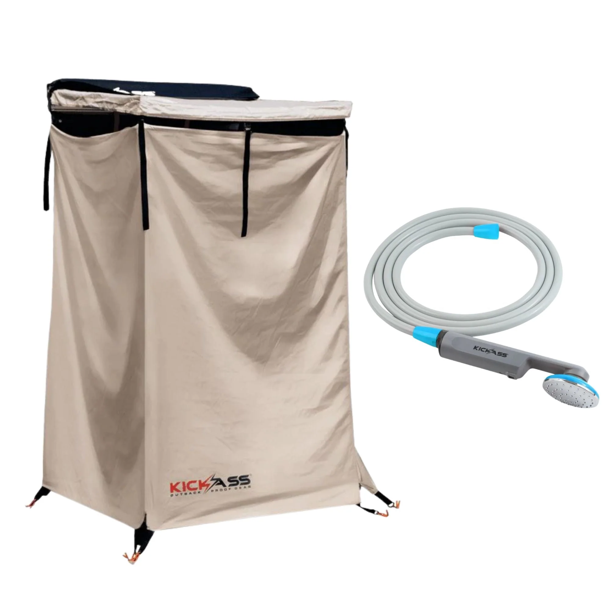 KickAss Premium Shower Awning + Portable 12V Camping Shower Bundle