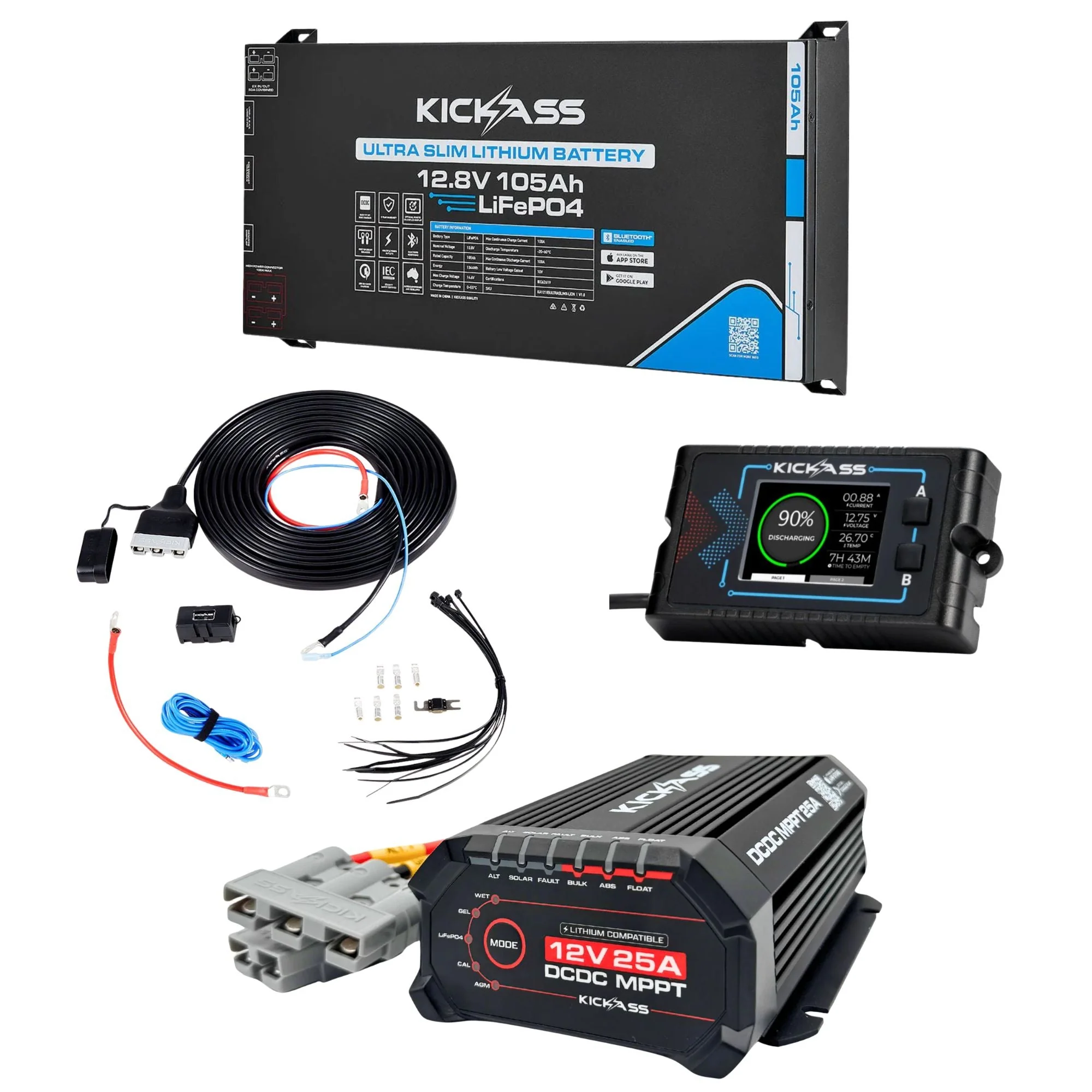 KickAss Smart 12V 105Ah Ultra Slim Lithium Dual Battery Kit with 25A DCDC Charger, Display Panel, and Wiring