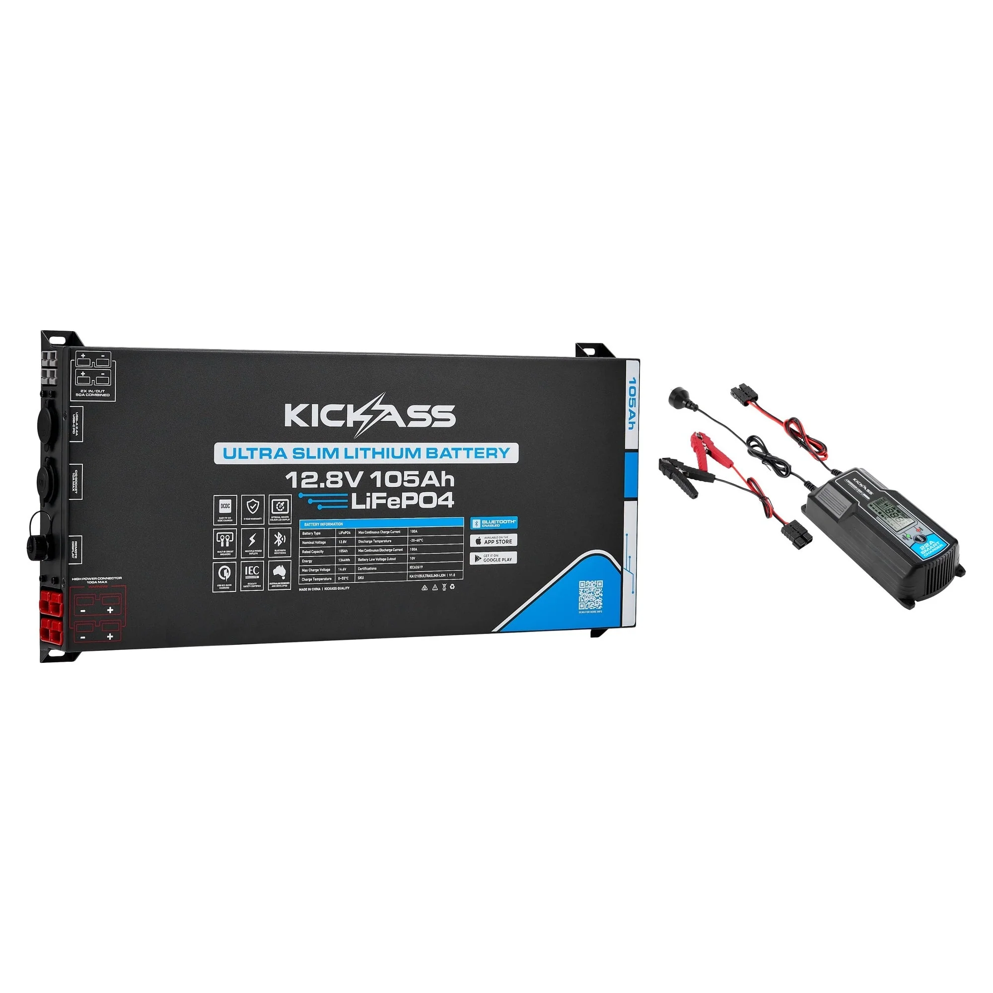 KickAss Smart 12V 105Ah Ultra Slimline Lithium Battery + 22A Smart Battery Charger Bundle