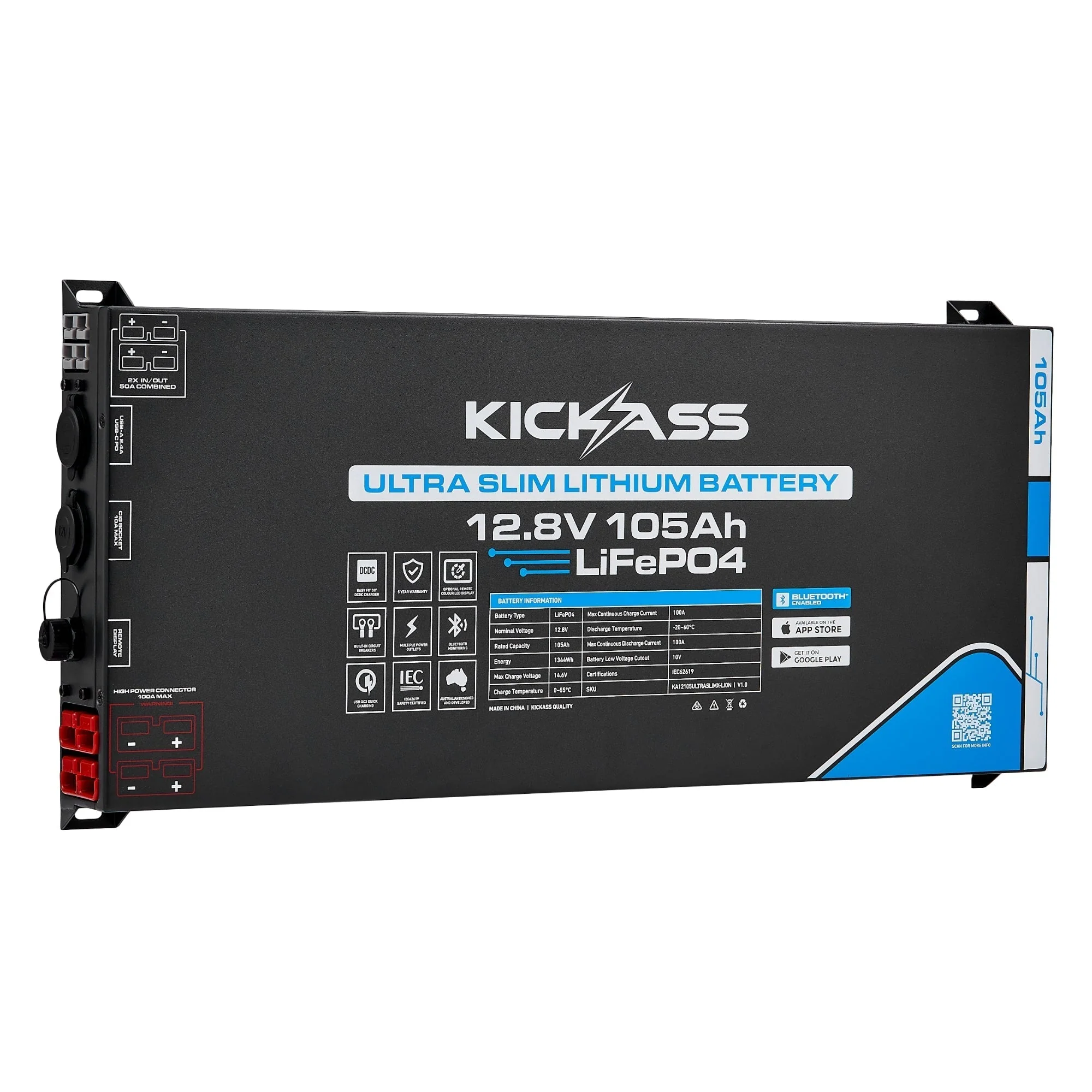 KickAss Smart 12V 105Ah Ultra Slimline Lithium Battery + 22A Smart Battery Charger Bundle - Image 2