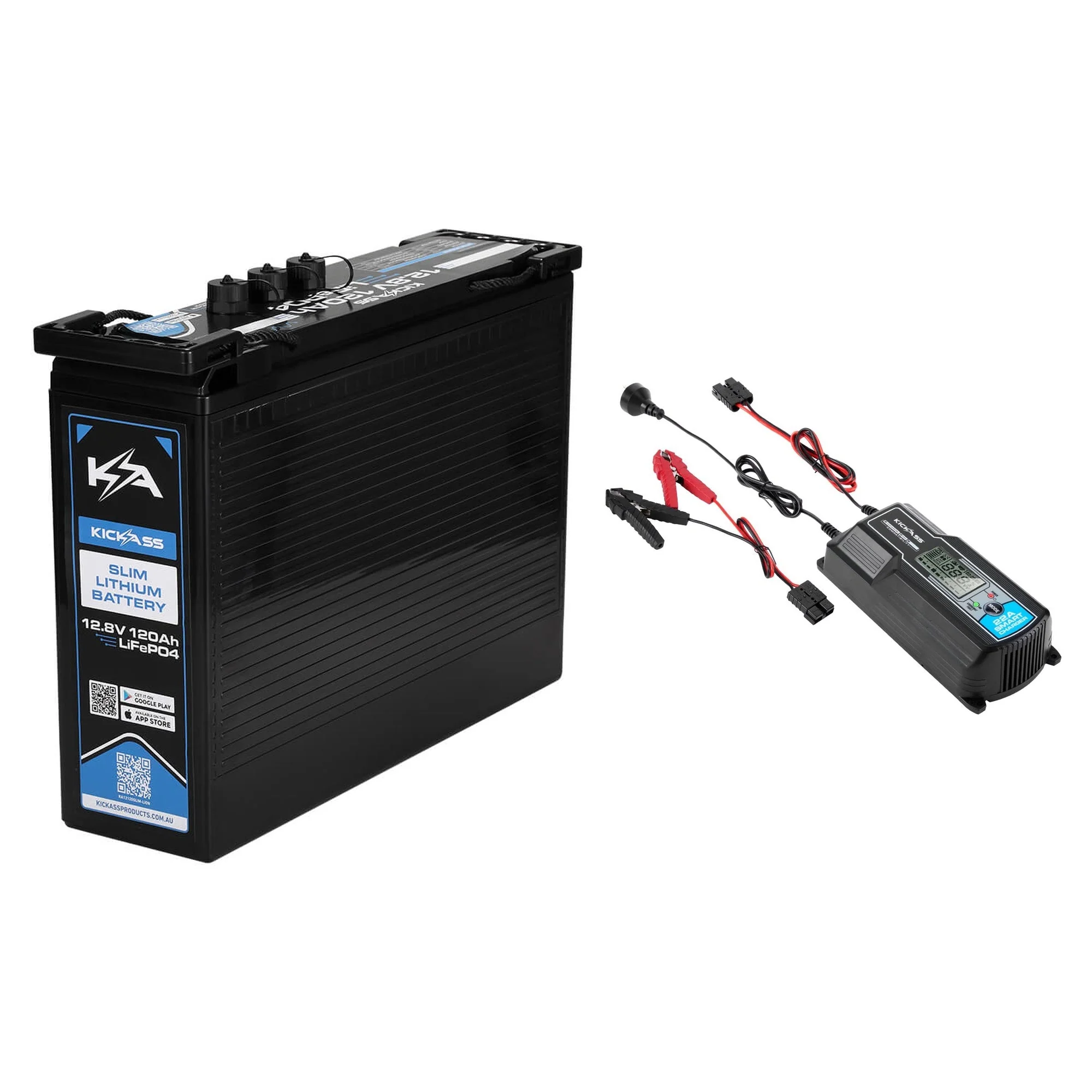 KickAss Smart 12V 120Ah Slimline Lithium Battery + 22A Smart Battery Charger Bundle