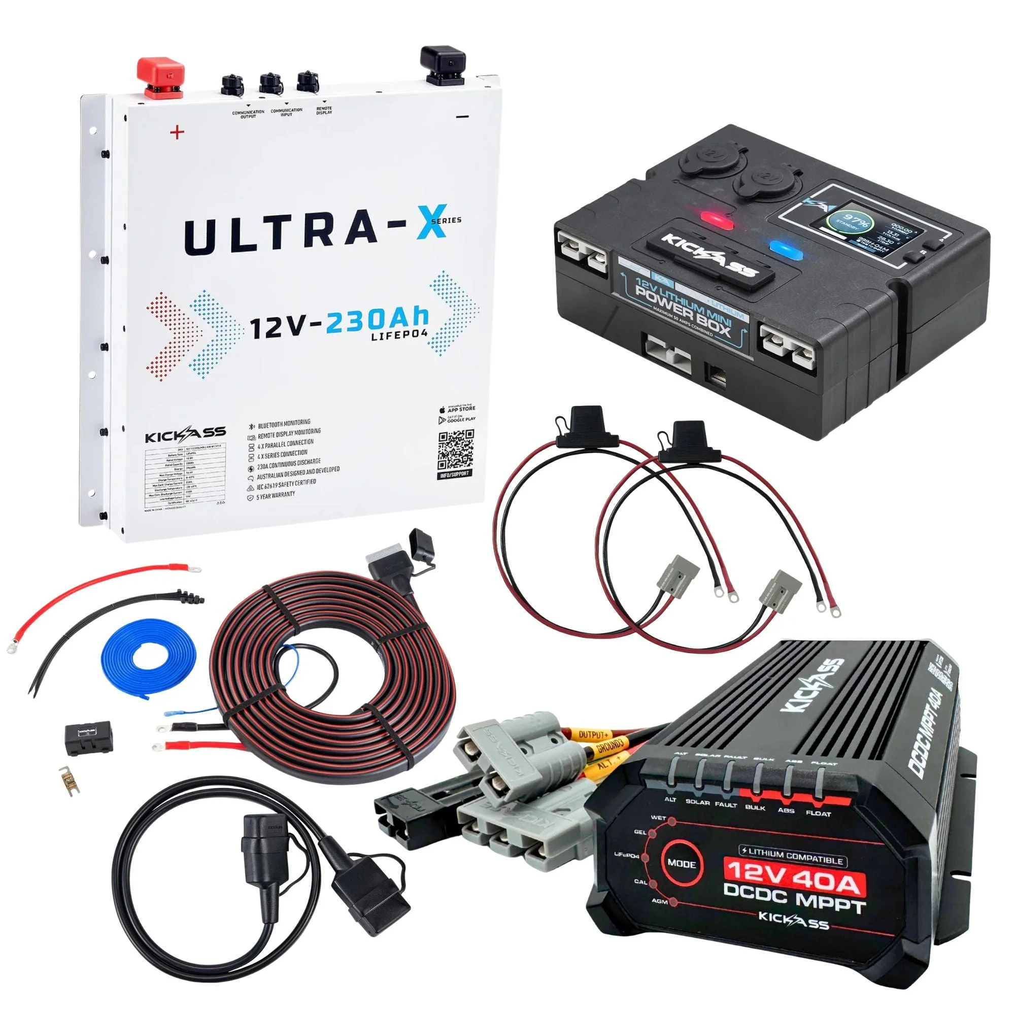 KickAss Smart 12V 230Ah Ultra-X Slimline Arctic White Lithium Complete Dual Battery Kit with Control Box, 40A DCDC Charger & Wiring