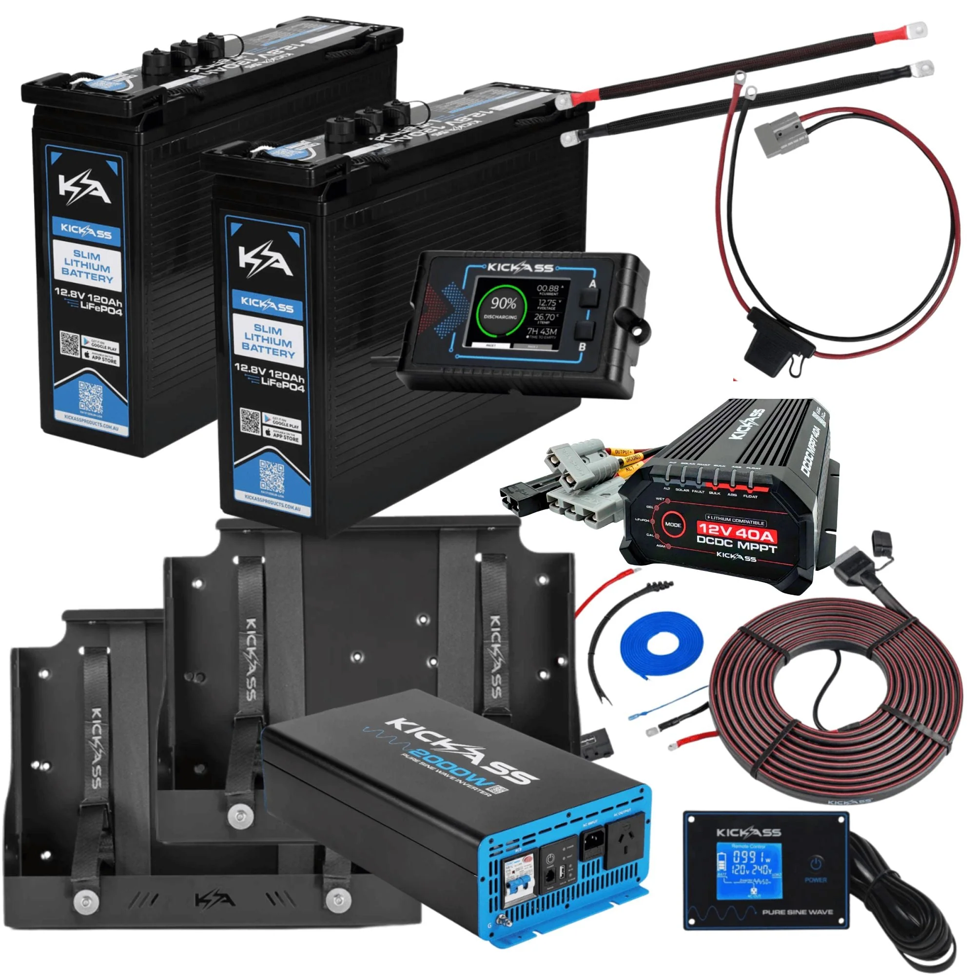 KickAss Twin Smart 12V 120Ah Slimline Lithium Premium Dual Battery Kit with 2000W Inverter, 40A DCDC Charger, Display Panel, Tray & Wiring - 240Ah Capacity