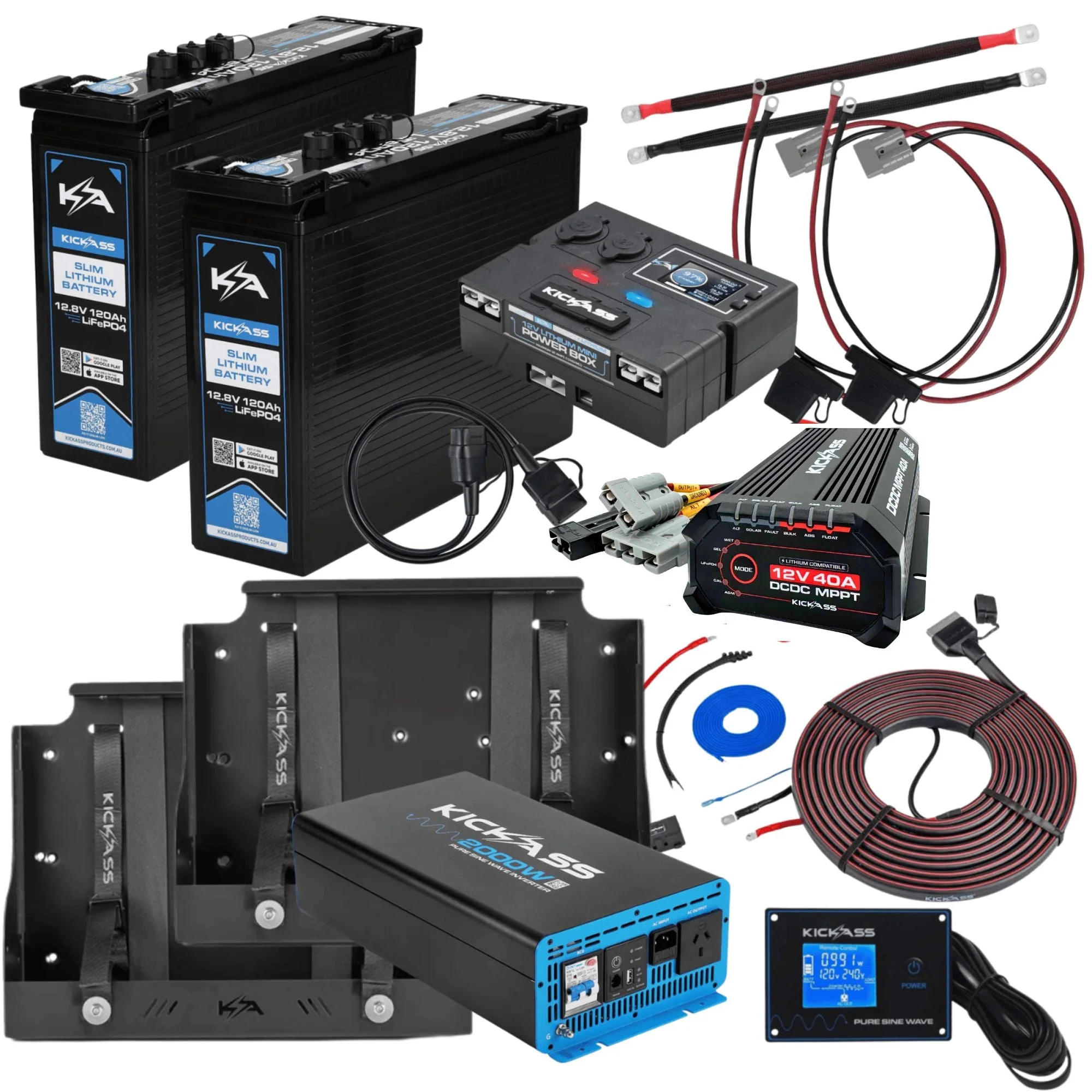 KickAss Twin Smart 12V 120Ah Slimline Lithium Complete Dual Battery Kit with 2000W Inverter, 40A DCDC Charger, Control Box, Display Panel, Tray & Wiring - 240Ah Capacity