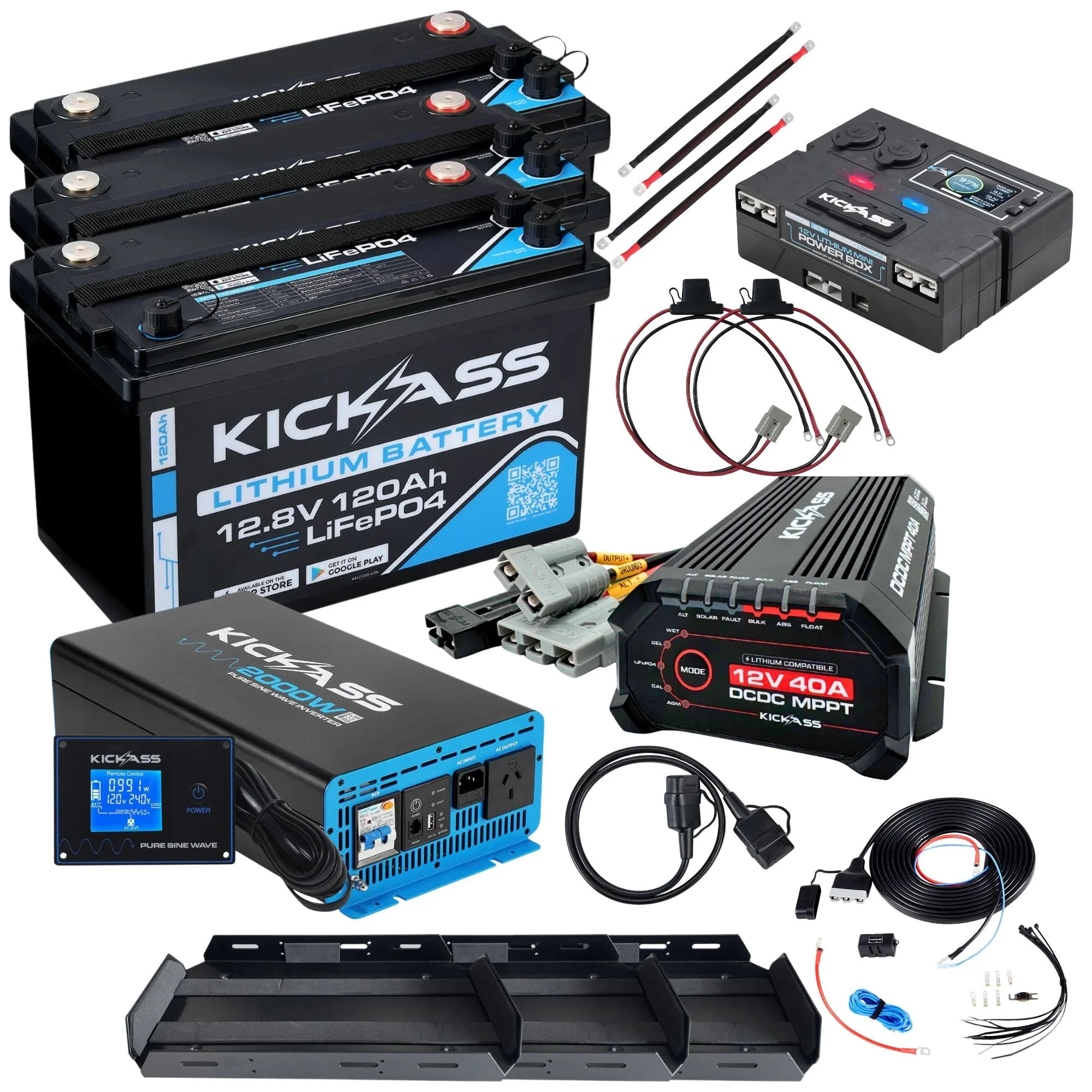 KickAss Triple Smart 12V 120Ah Lithium Dual Battery Kit with 3000W Inverter, 40A DCDC Charger, Control Box, Display Panel, Tray & Wiring - 360Ah Capacity
