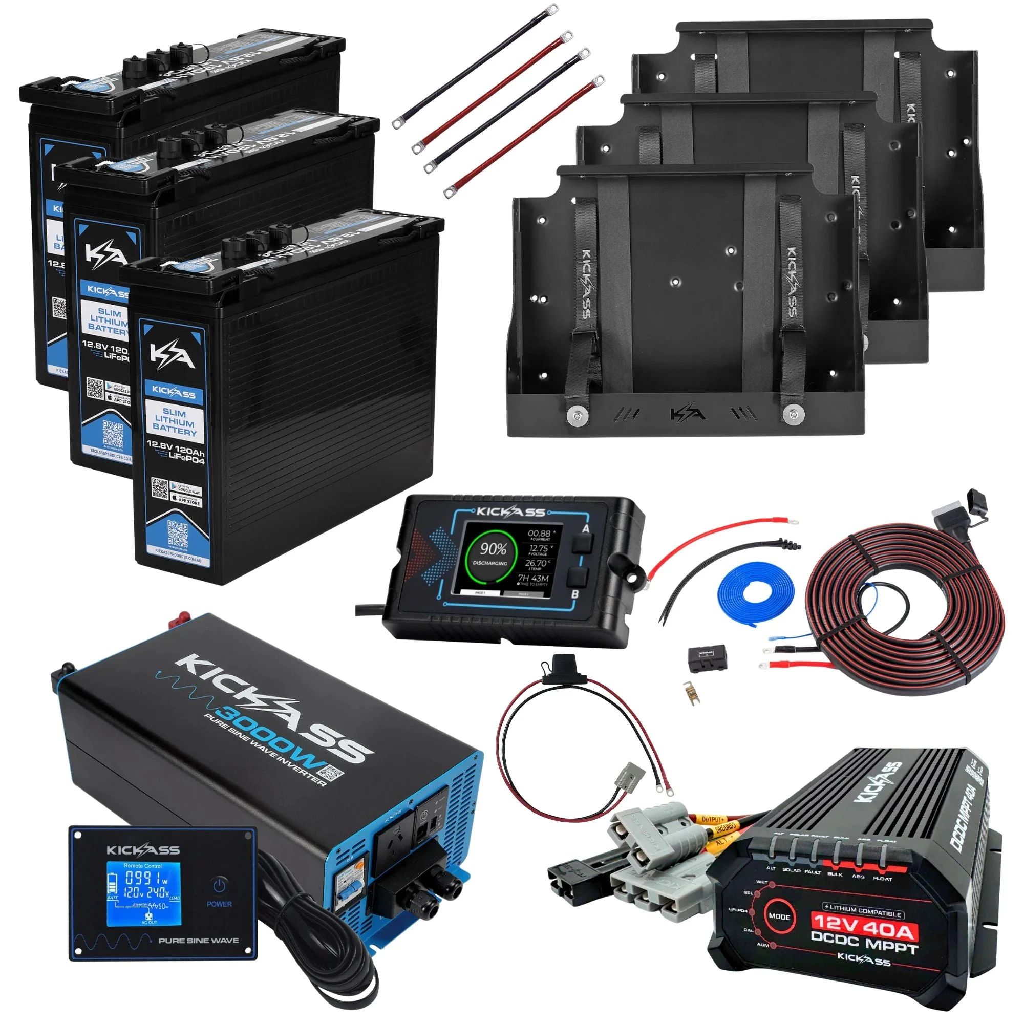 KickAss Triple Smart 12V 120Ah Slimline Lithium Premium Dual Battery Kit with 3000W Inverter, 40A DCDC Charger, Display Panel, Tray & Wiring - 360Ah Capacity