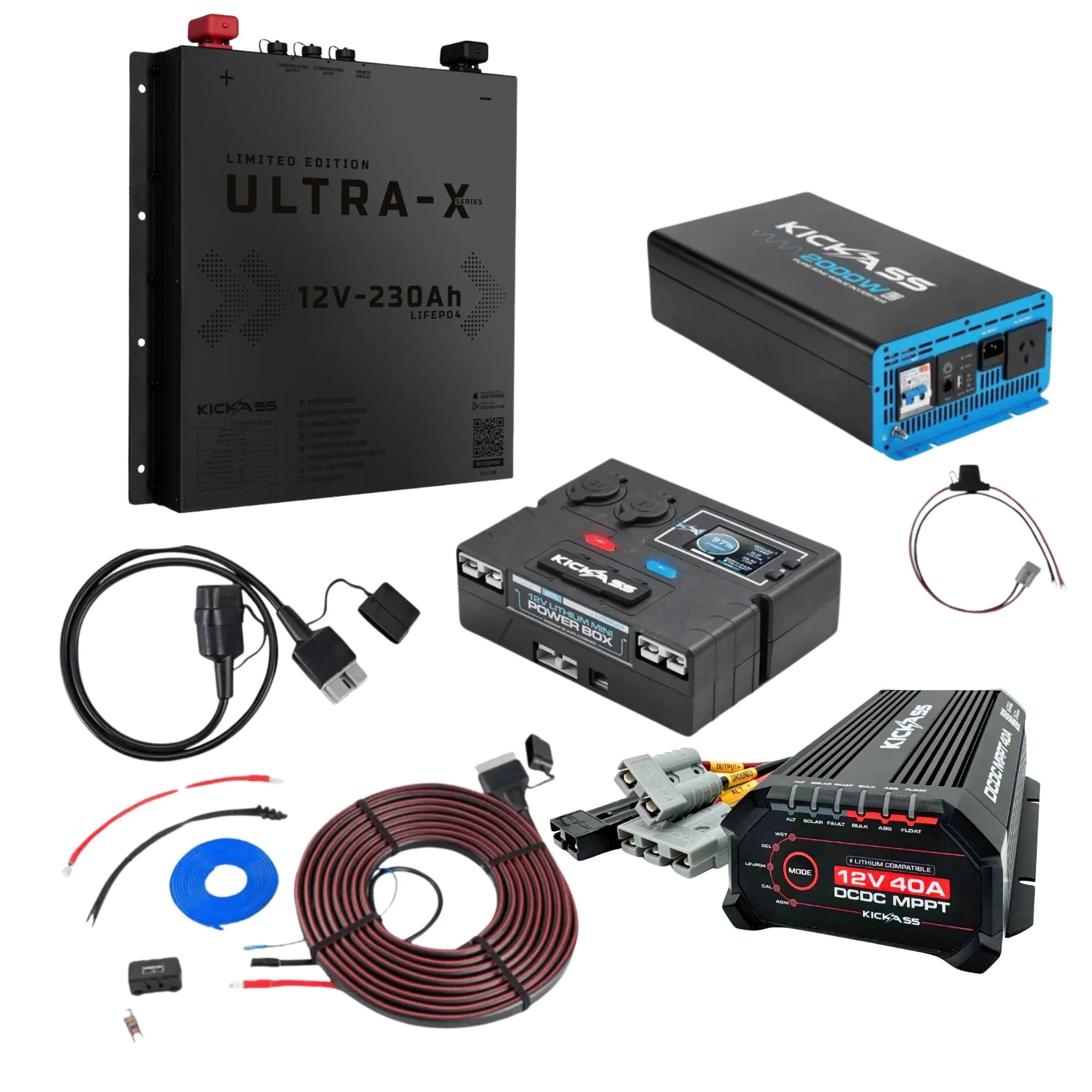 KickAss Smart Ultra-X 12V 230Ah Slimline Black Limited Edition Lithium Complete Dual Battery Kit with 2000W Inverter, 40A DCDC Charger, Control Box and Wiring