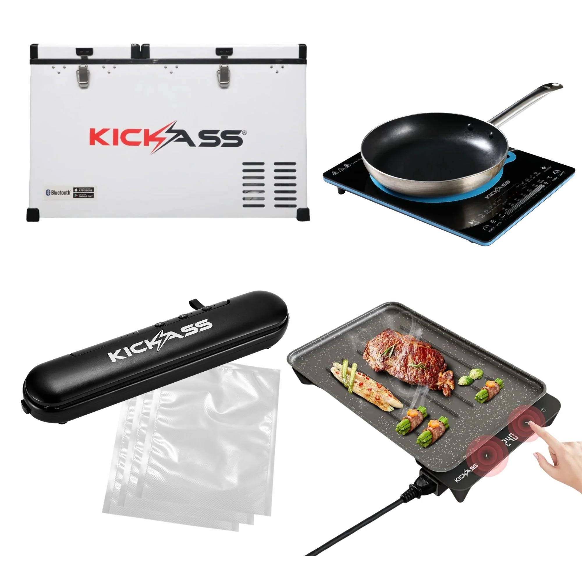 KickAss Camp Kitchen Bundle with 75L Fridge, Induction Cooktop, Electric BBQ & Vacuum Sealer