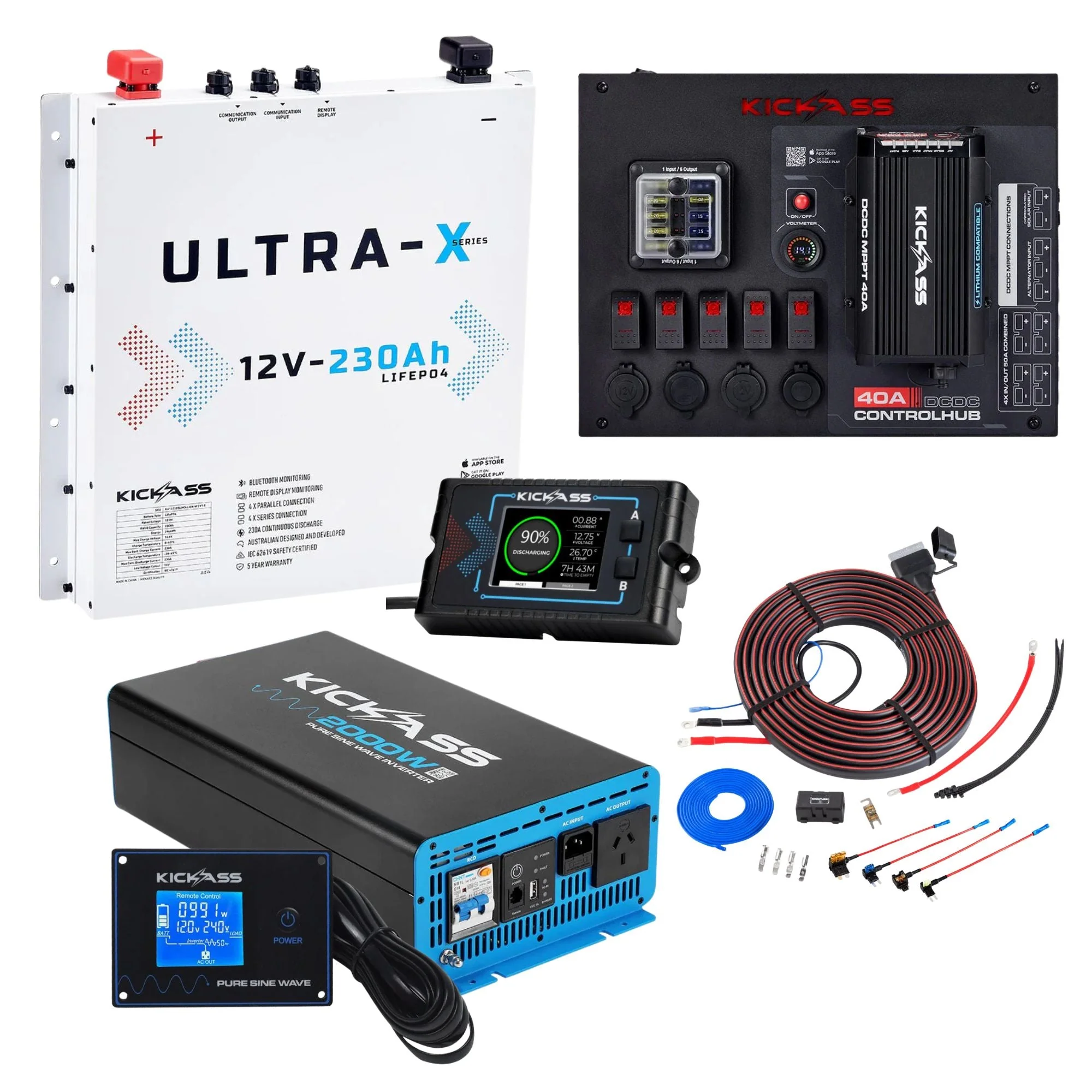 KickAss Ultra-X 230Ah Slimline Lithium Complete Dual Battery Kit with Control Hub & 2000W Inverter - White