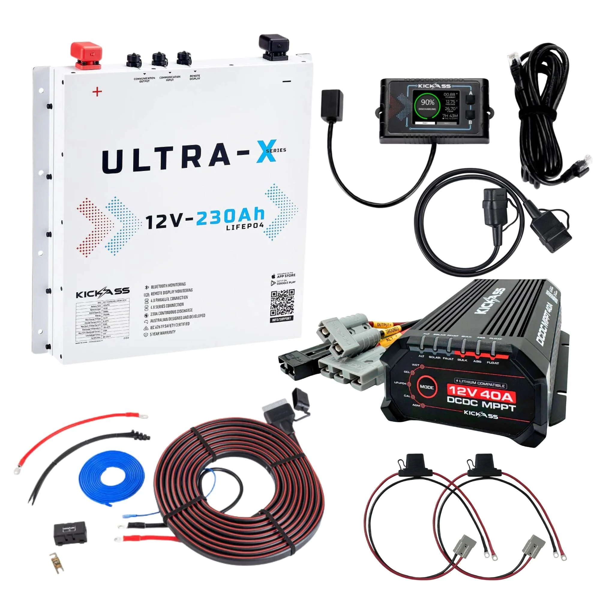 KickAss Smart  12V 230Ah Ultra-X Lithium Slimline Premium Dual Battery Kit - Arctic White with 40A DCDC Charger, Wiring