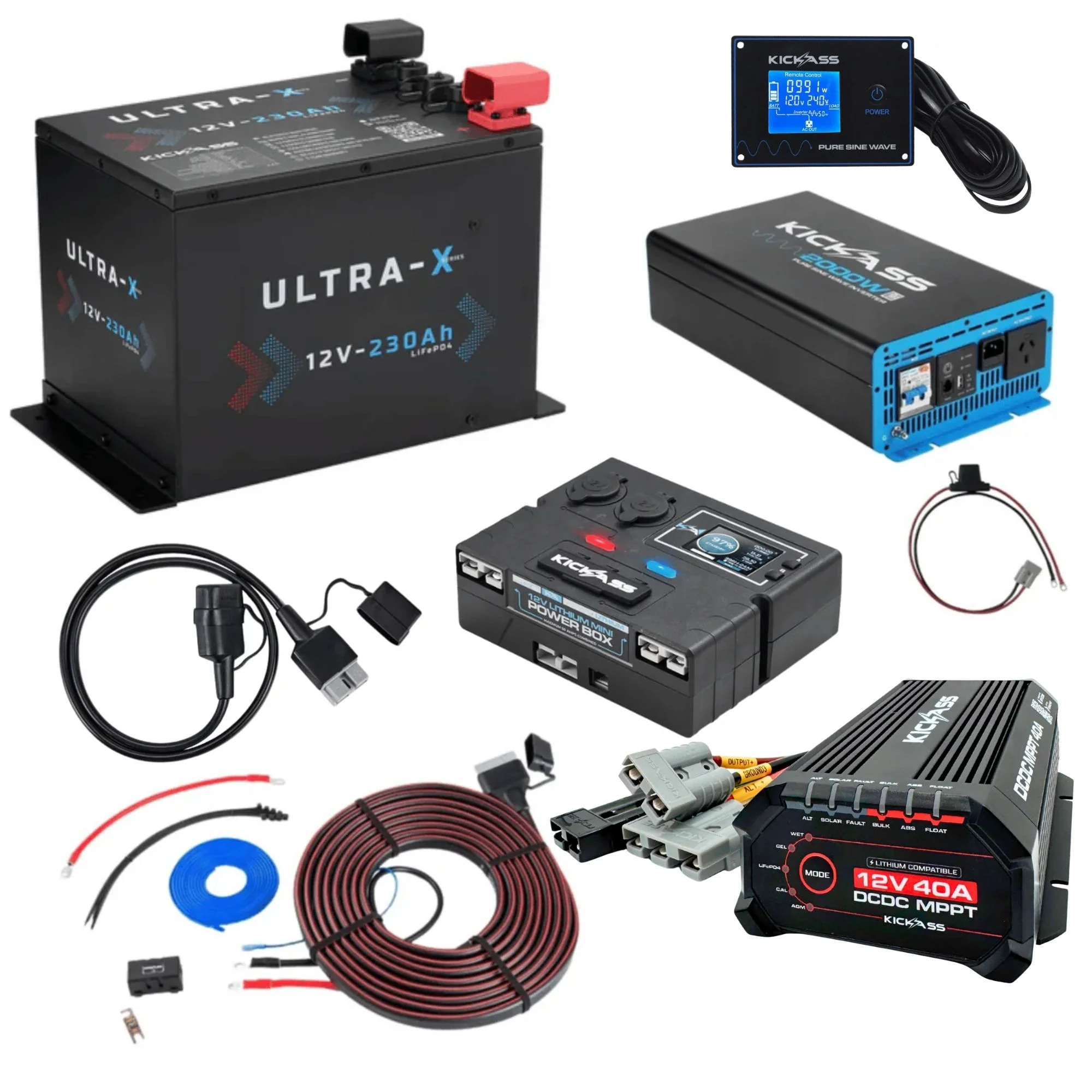 KickAss Smart 12V 230Ah Ultra-X Compact Lithium Complete Dual Battery Kit with 2000W Inverter, 40A DCDC Charger, Control Box, Display Panel, Wiring