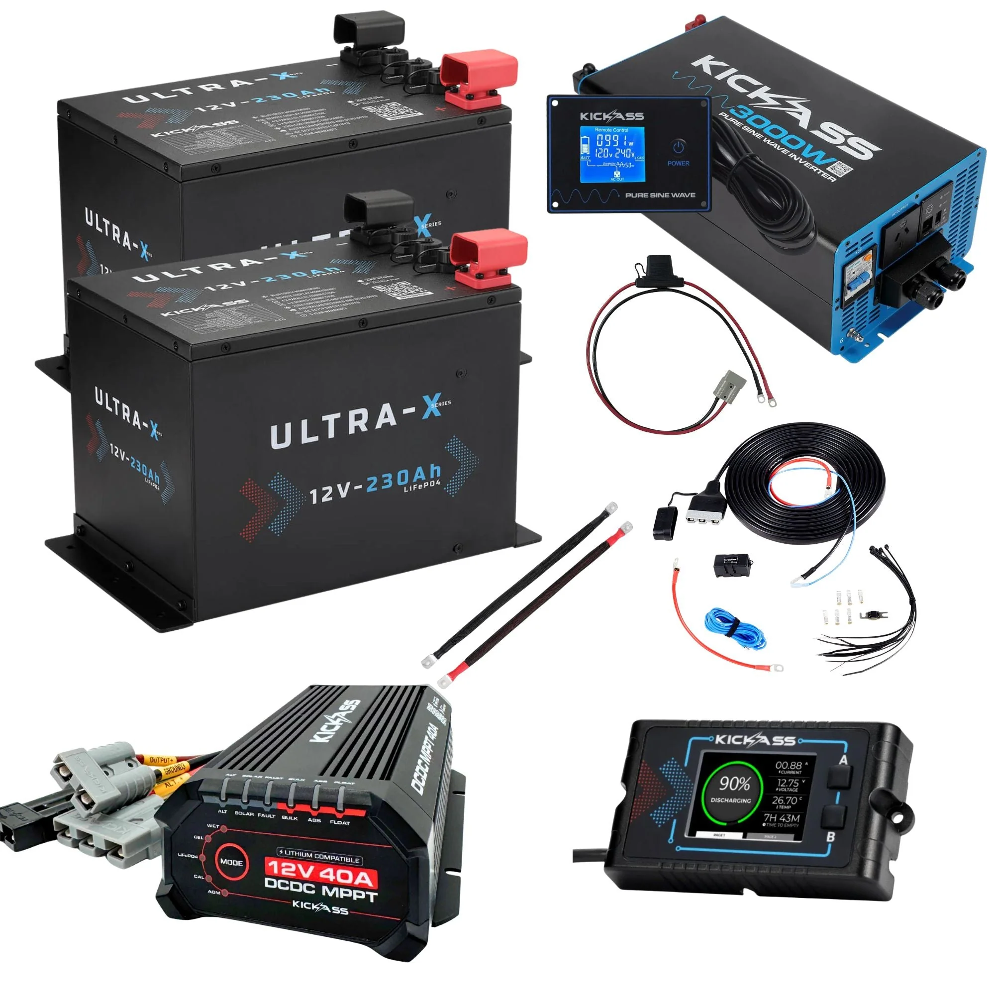 KickAss Twin 12V 230Ah Ultra-X Compact Lithium Dual Battery Kit with 3000W Inverter, 40A DCDC Charger, Display Panel, Wiring - 460Ah Capacity