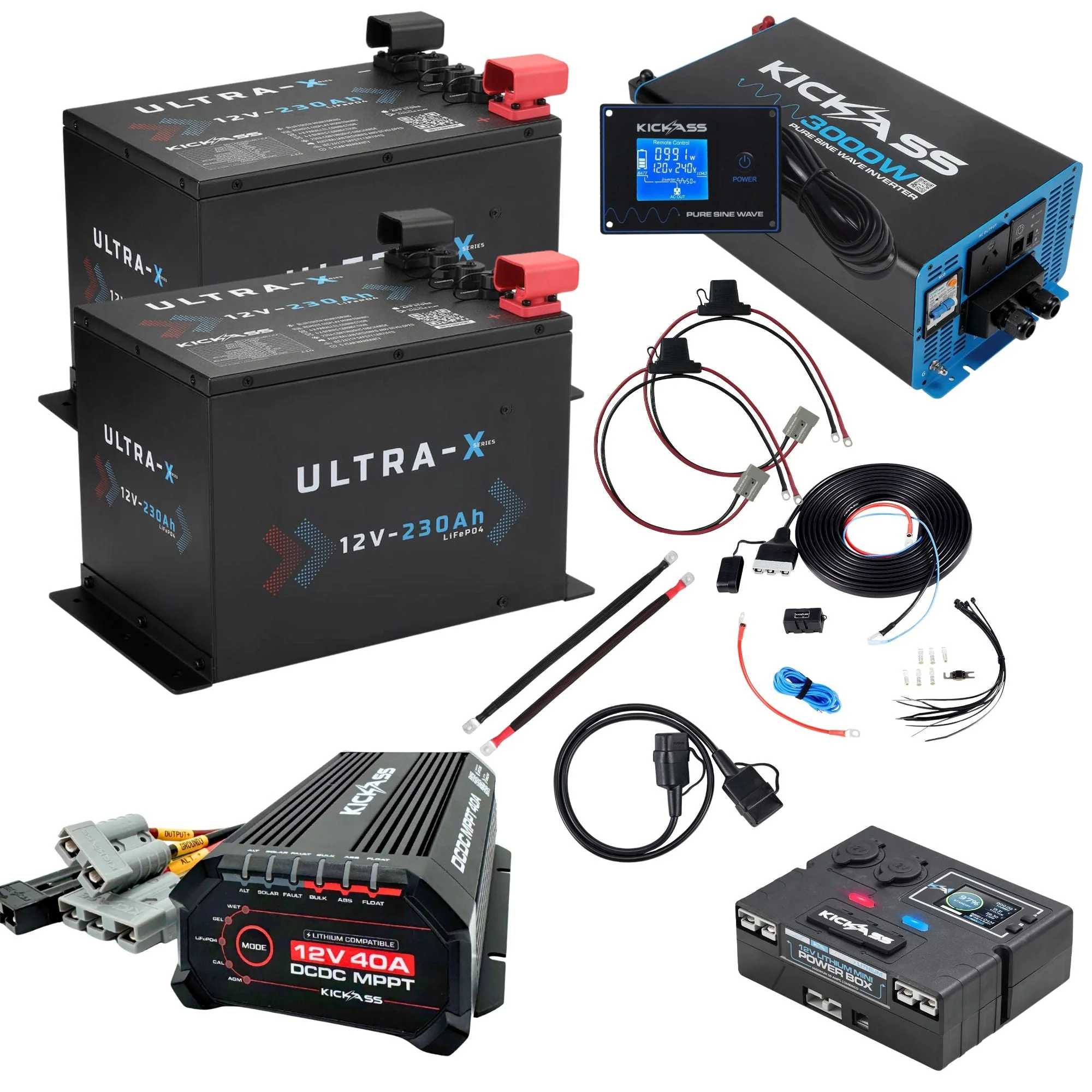 KickAss Twin 12V 230Ah Ultra-X Compact Lithium Dual Battery Kit with 3000W Inverter, 40A DCDC Charger, Control Box, Display Panel, Wiring - 460Ah Capacity